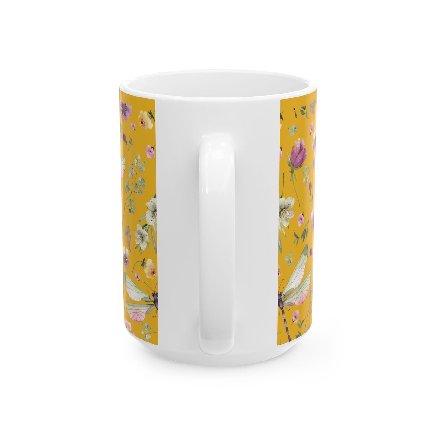 Whimsy in Bloom – Dragonflies & Floral Elegance ,Mug, Ceramic - Yellow