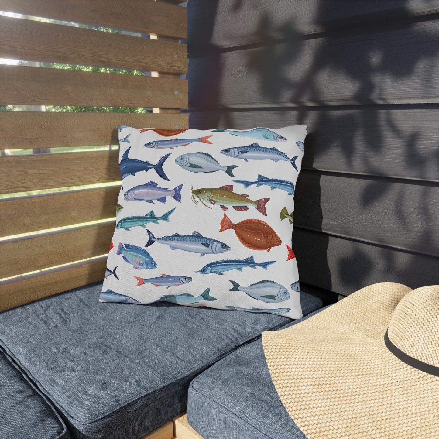 Outdoor Pillows - Nautical Fish & Patriotic Red White and Blue Plaid Cushions for Patio & Garden