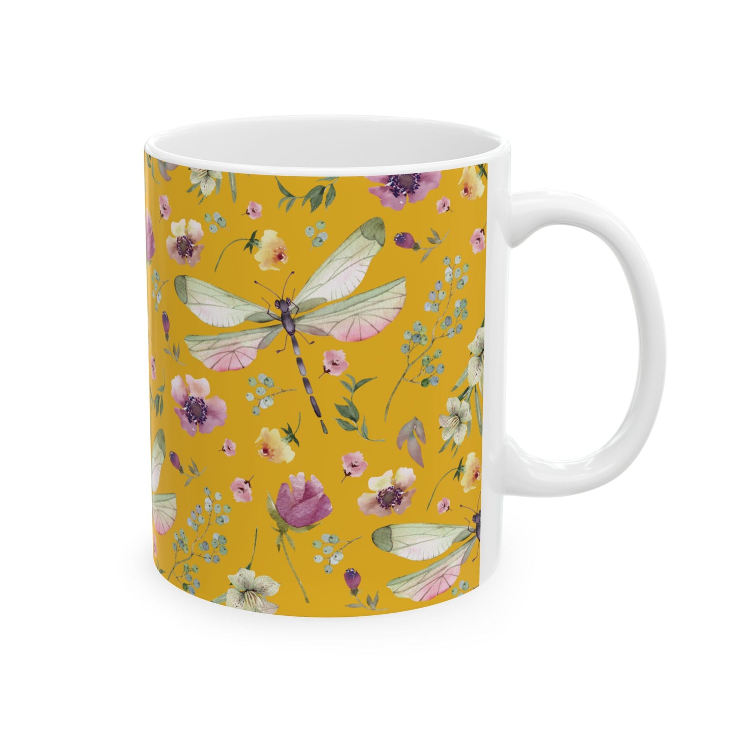 Whimsy in Bloom – Dragonflies & Floral Elegance ,Mug, Ceramic