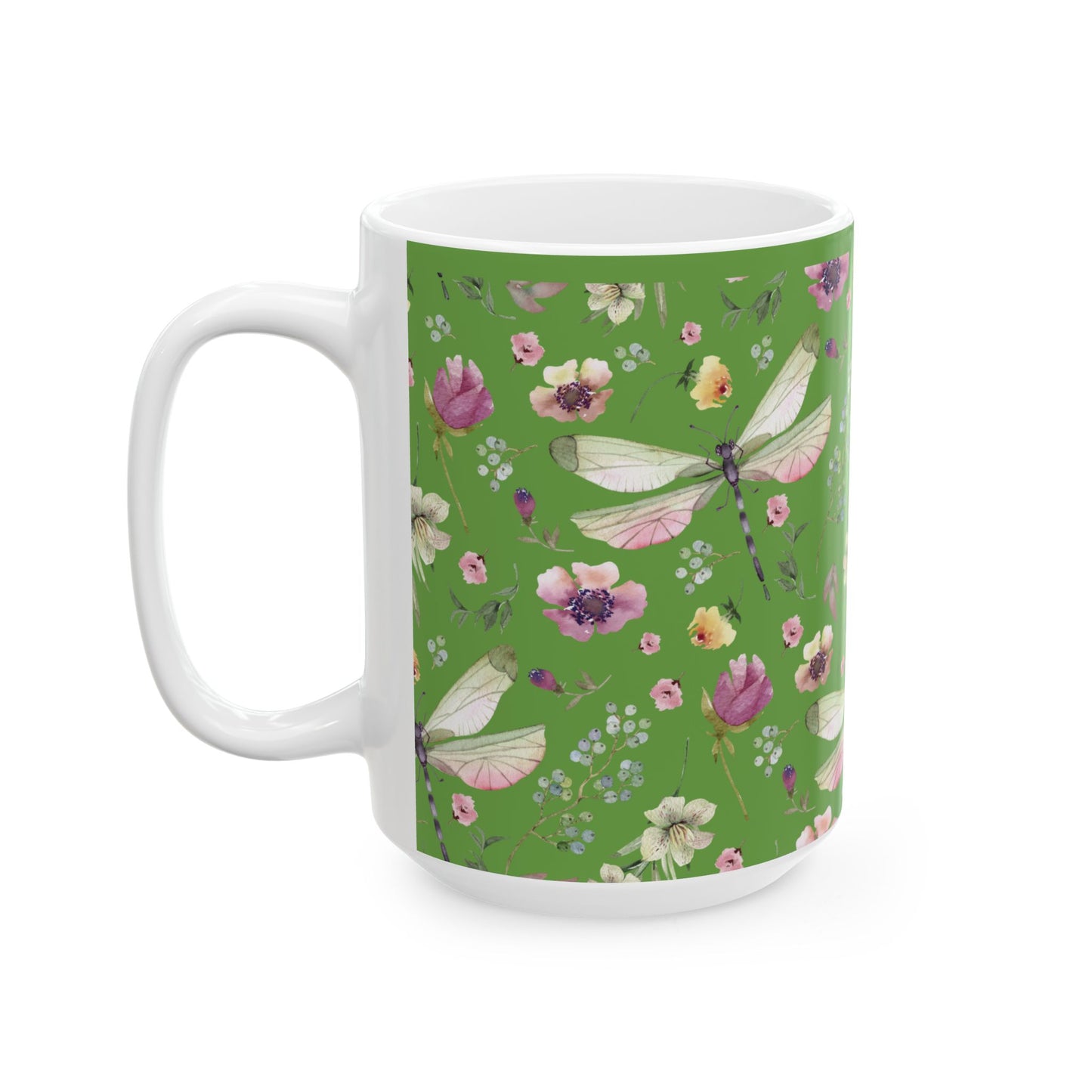 Whimsy in Bloom – Dragonflies & Floral Elegance ,Mug, Ceramic