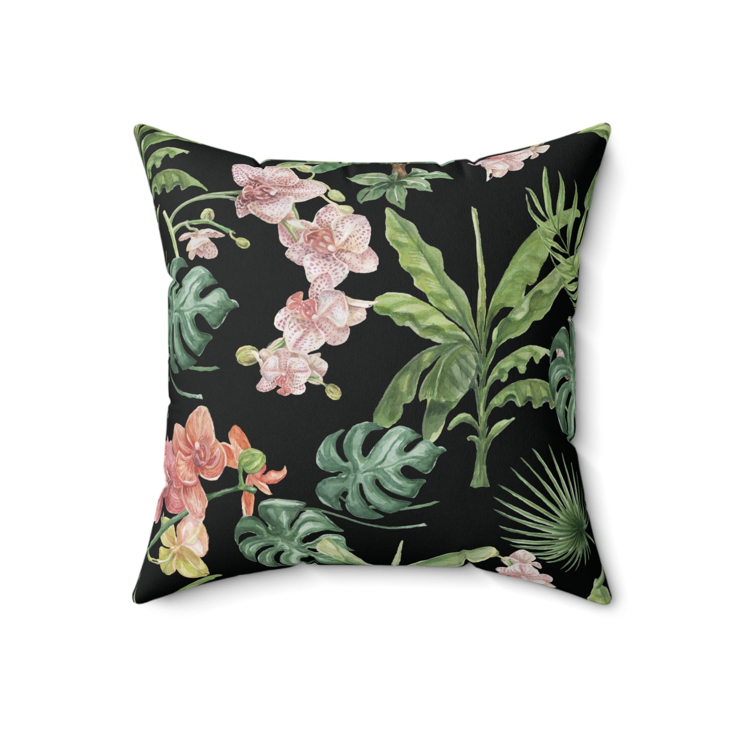 Midnight Orchid Luxe Throw Accent Pillow – Black with Coral Blossoms & Tropical Foliage