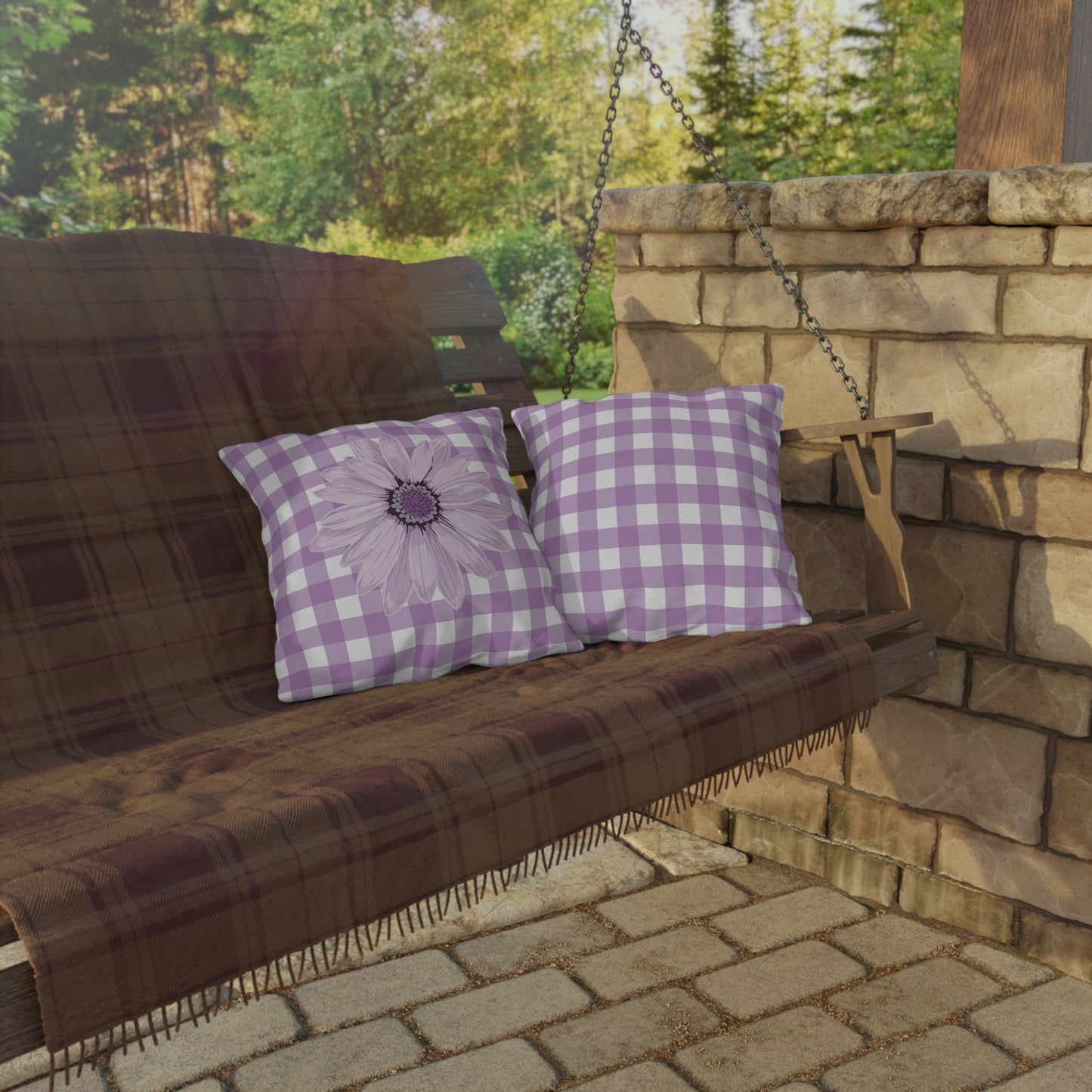 Floral Gingham Outdoor Pillows - Cozy Purple Decor for Patios and Gardens