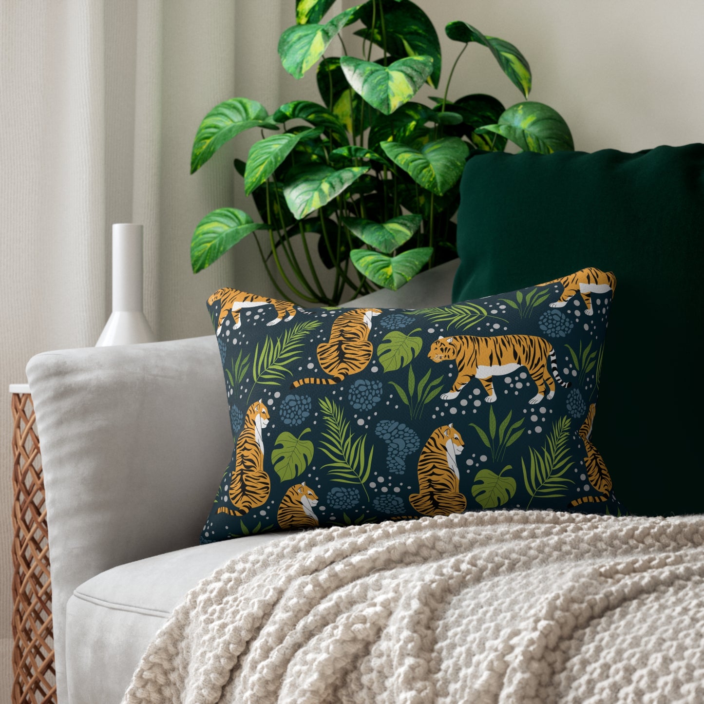 Tropical Tiger Animal Print Lumbar Pillow, Jungle Decor, Boho Cushion, Safari Home Accent, Gift for Nature Lovers