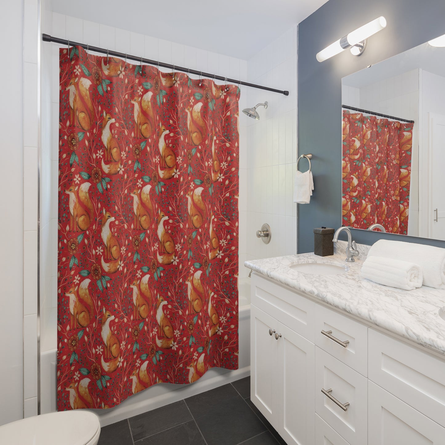 Whimsical Fox Shower Curtain - Nature-Inspired Bathroom Decor - Deep Red