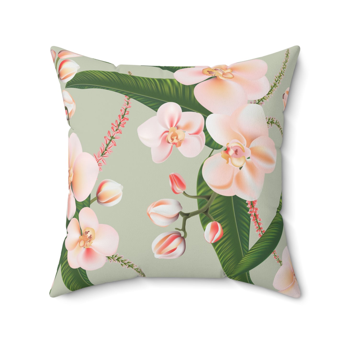 Orchid Embrace Throw Pillow – Soft Pink Blossoms & Foliage on Muted Green Botanical Square Pillow, Floral Throw Cushion, Home Decor Pillow, Gift for Her, Cozy Living Room Accent