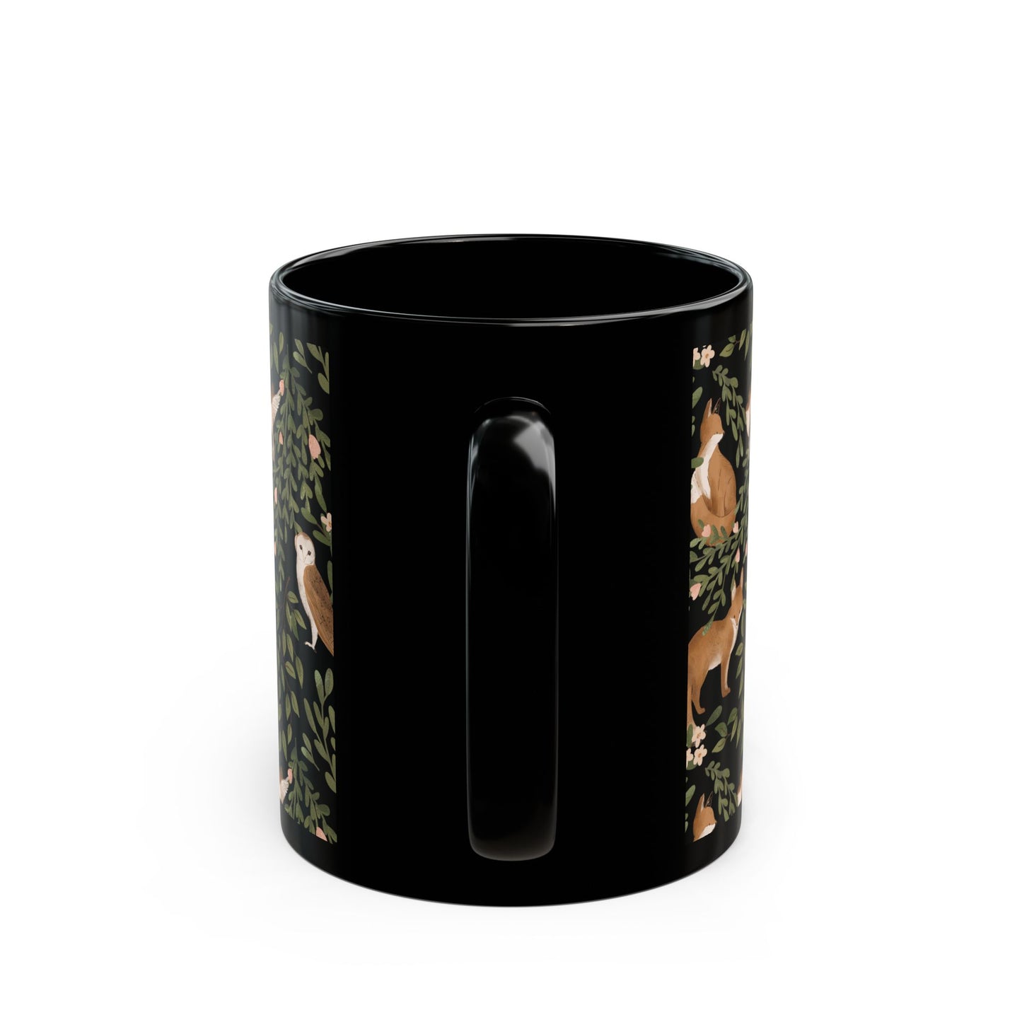 Little Fox and Owl Woodland Themed Black Mug - Perfect for Nature Lovers