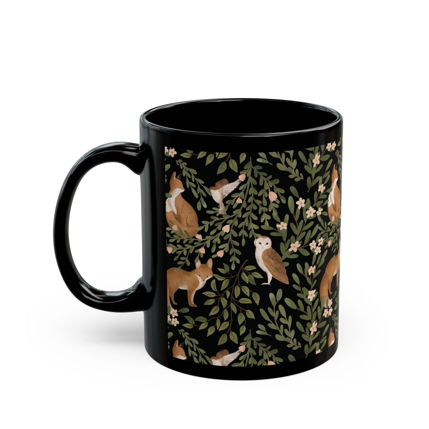 Little Fox and Owl Woodland Themed Black Mug - Perfect for Nature Lovers