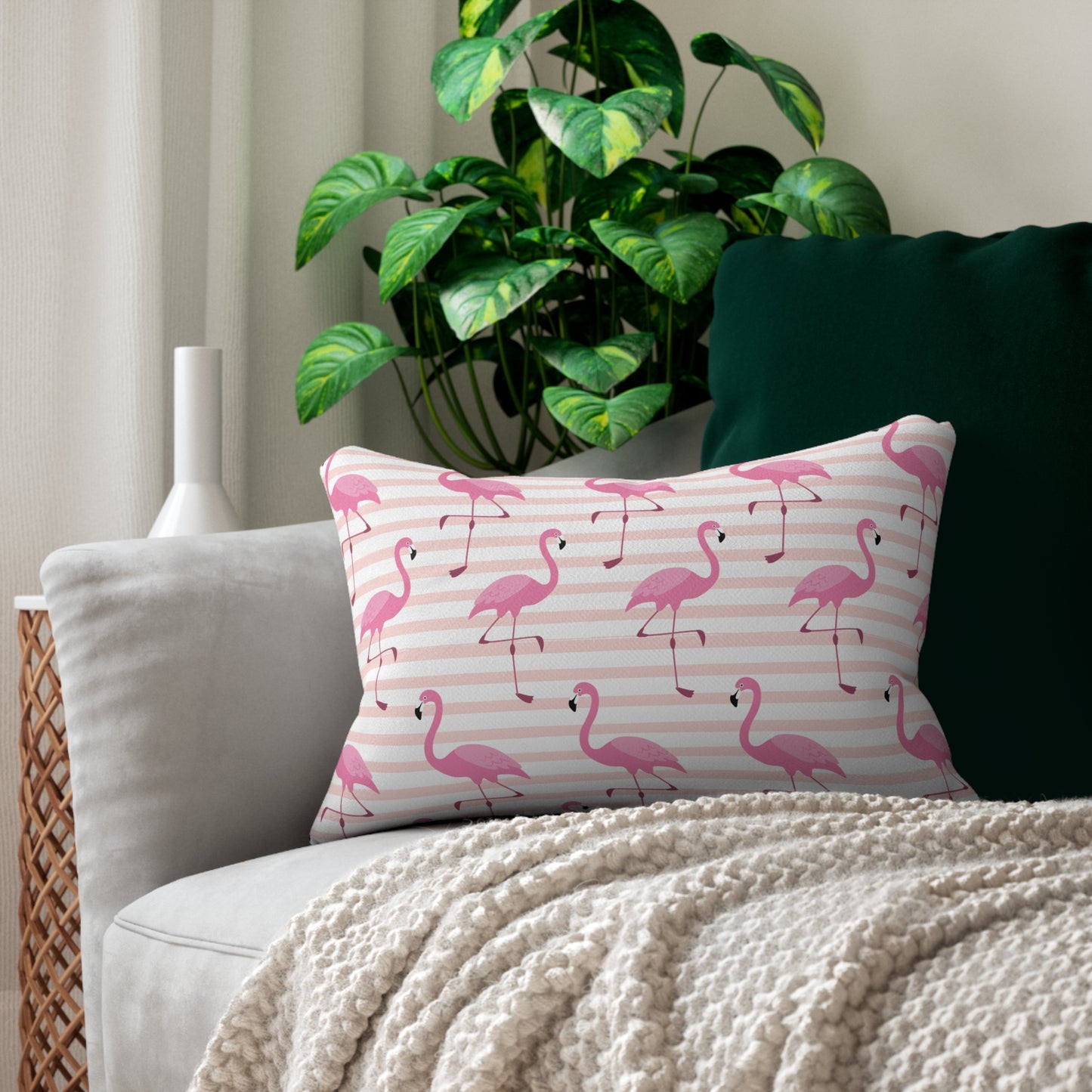 Lumbar Pillow - Tropical Flamingo Decor, Colorful Pink & Stripe Design