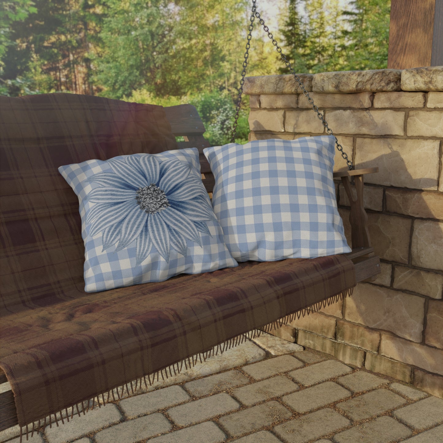 Blue Flower Checkered Outdoor Pillows - Bright & Cheerful Home Decor