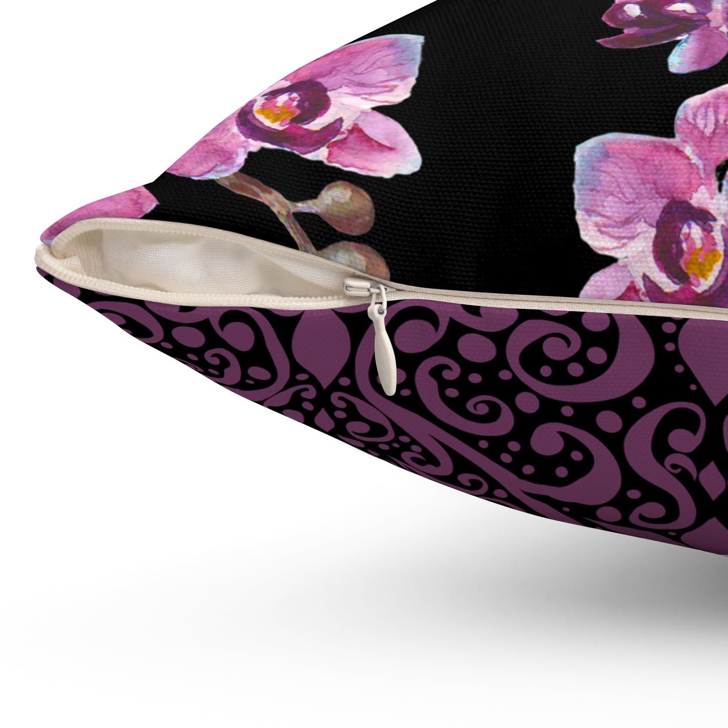 Velvet Orchid Reverie Throw Pillow – Vibrant Purple & Mauve Blossoms on Black & Damask Square Accent Throw Pillow, Home Decor Accent, Gift for Her, Cozy Living Room, Throw Pillow, Modern Couch Cushion