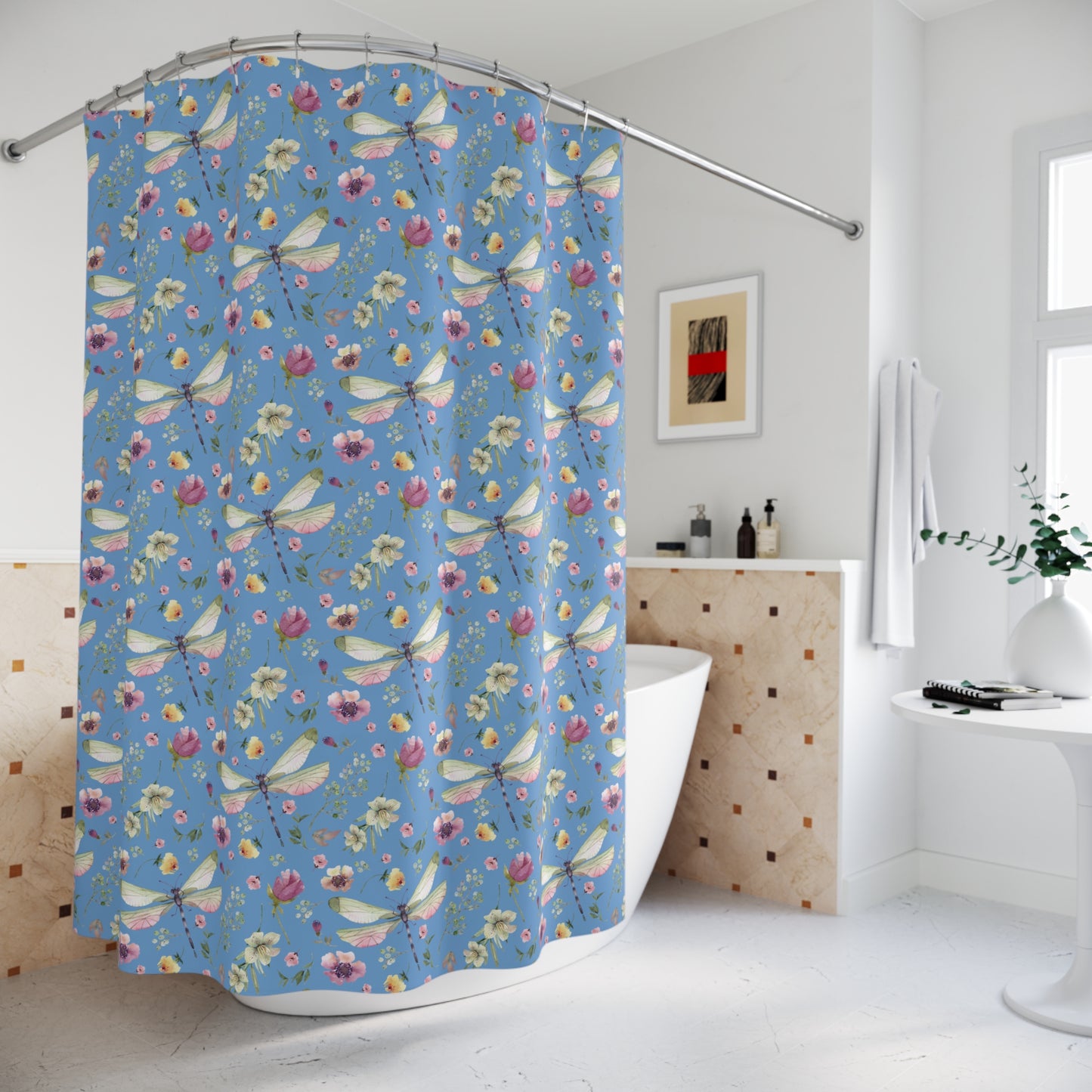 Floral Dragonfly Shower Curtain - Nature-Inspired Bathroom Decor - Blue