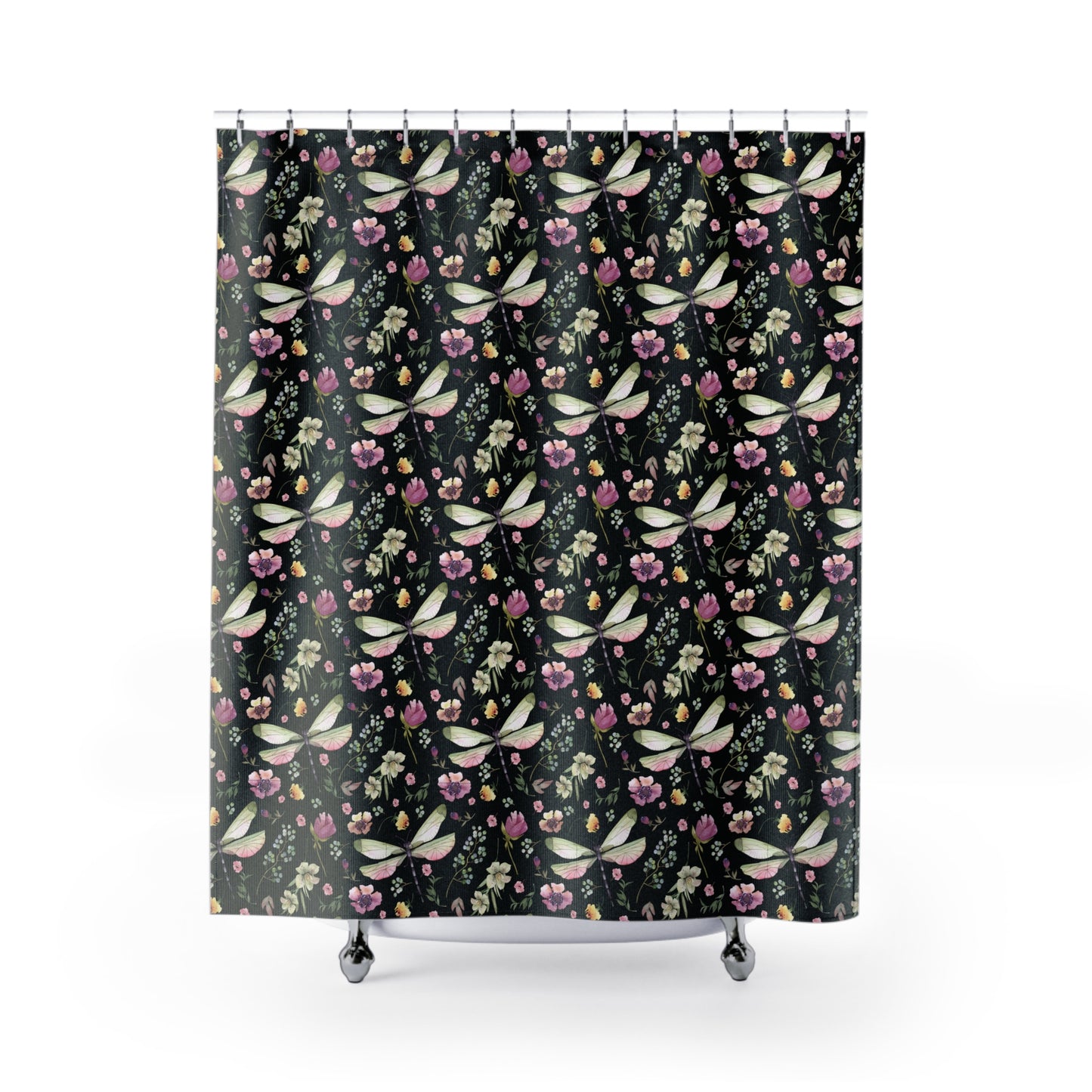 Floral Dragonfly Shower Curtain - Nature-Inspired Bathroom Decor - Black