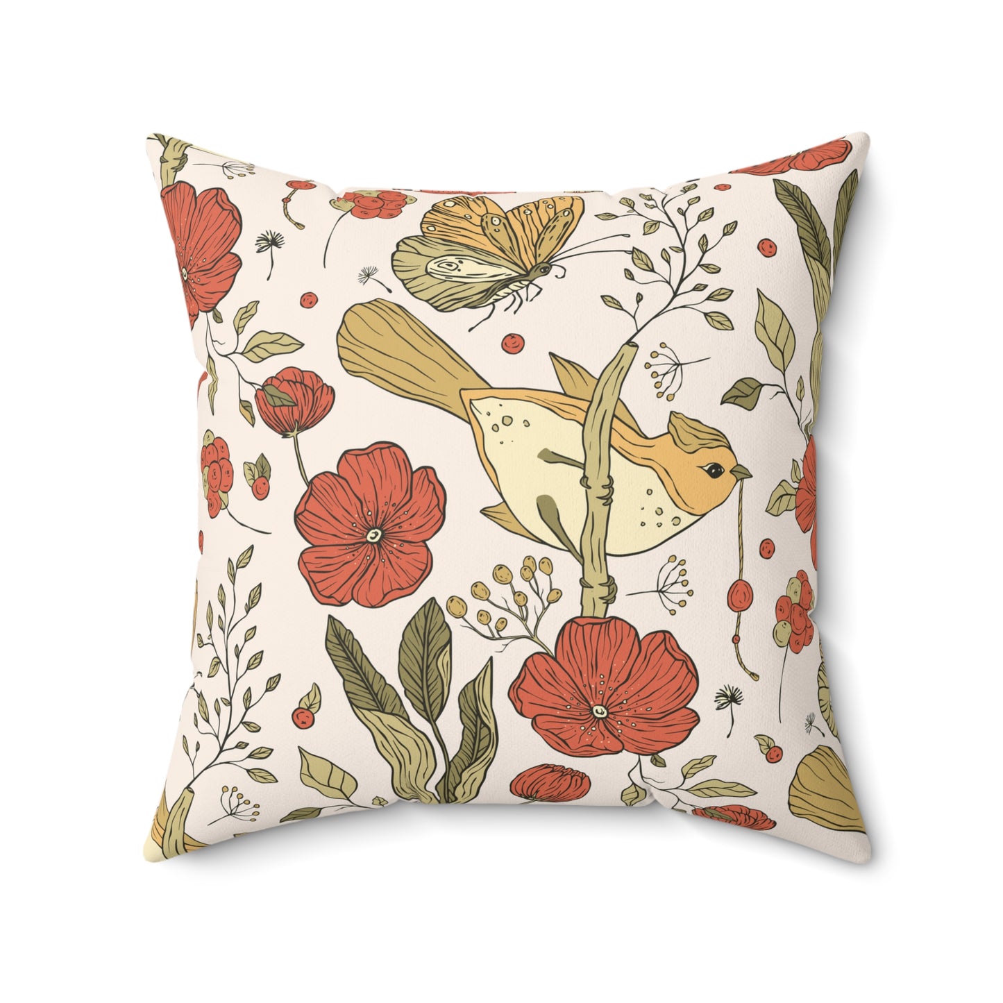 Throw Pillow Songbird with Berry Gift and Floral Design matching Pattern on the back