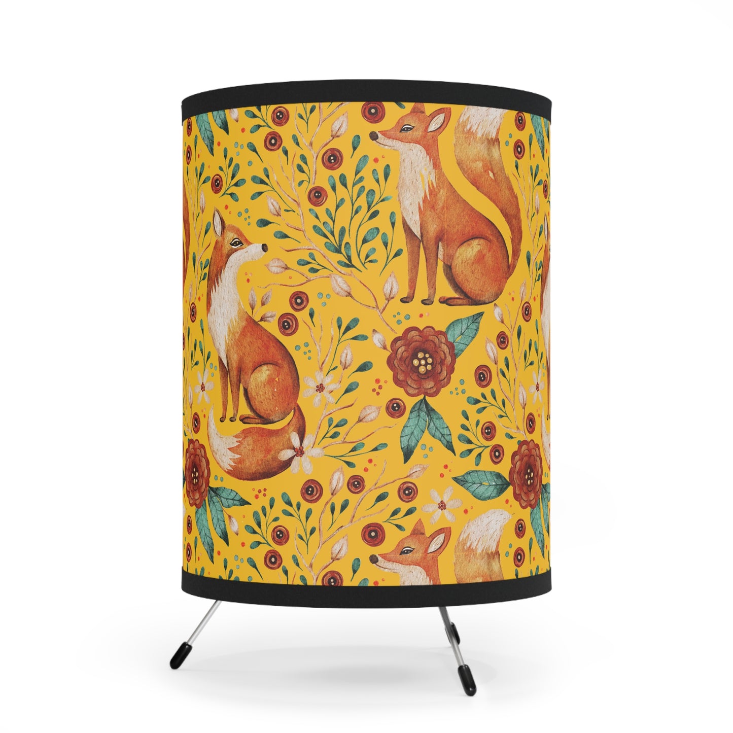 Whimsical Fox Tripod Lamp - High-Res Printed Shade for Cozy Decor - Yellow