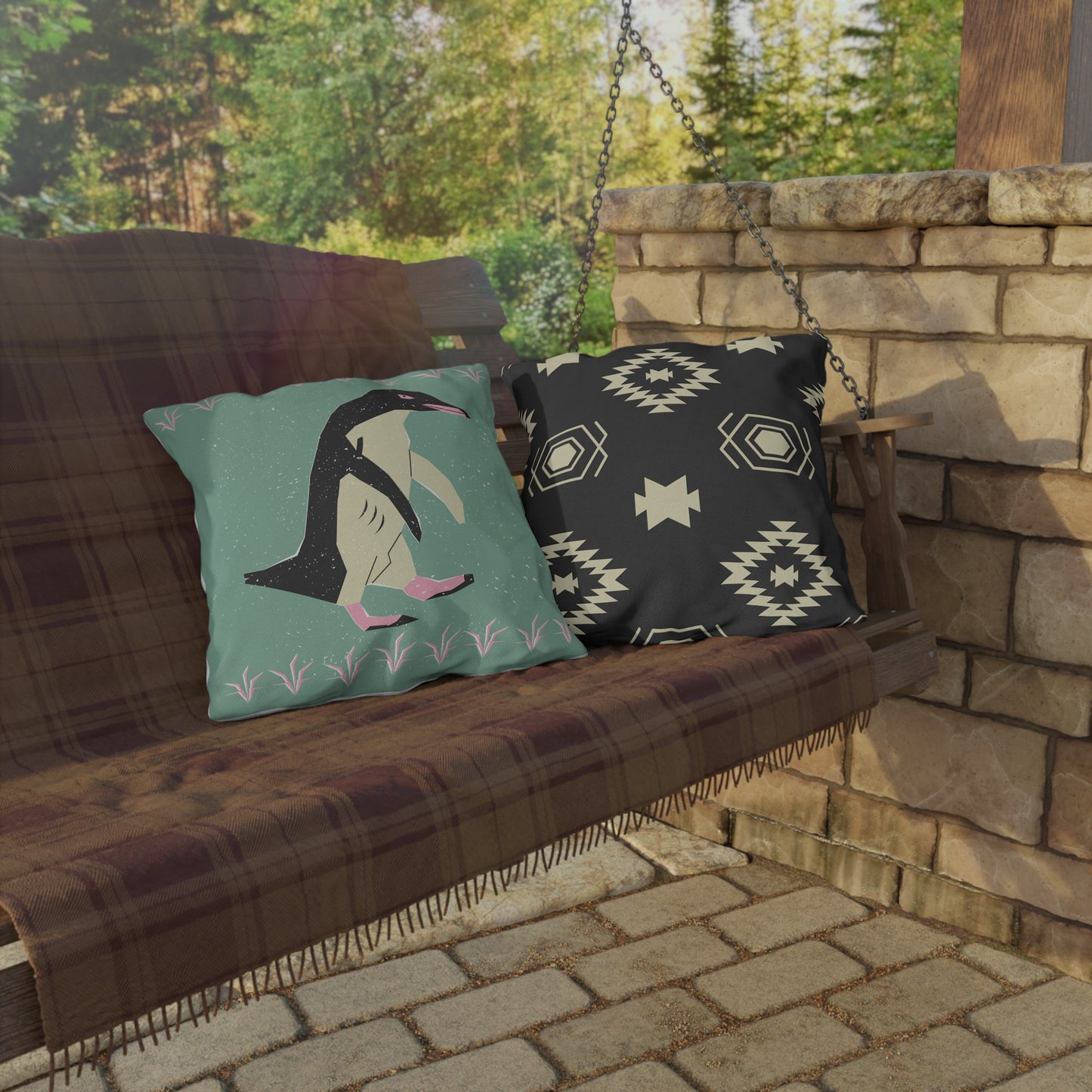 Stylish Outdoor Pillows for Cozy Patios, Penguin Decor, Tribal Pattern Cushion, Summer Accessories, Unique Home Gift