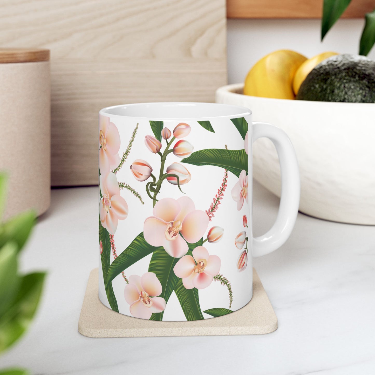 Floral Ceramic Mug, Orchid Coffee Cup, Tea Mug Gift, Botanical Drinkware, Nature Lover's Mug, Pink Flower Decor