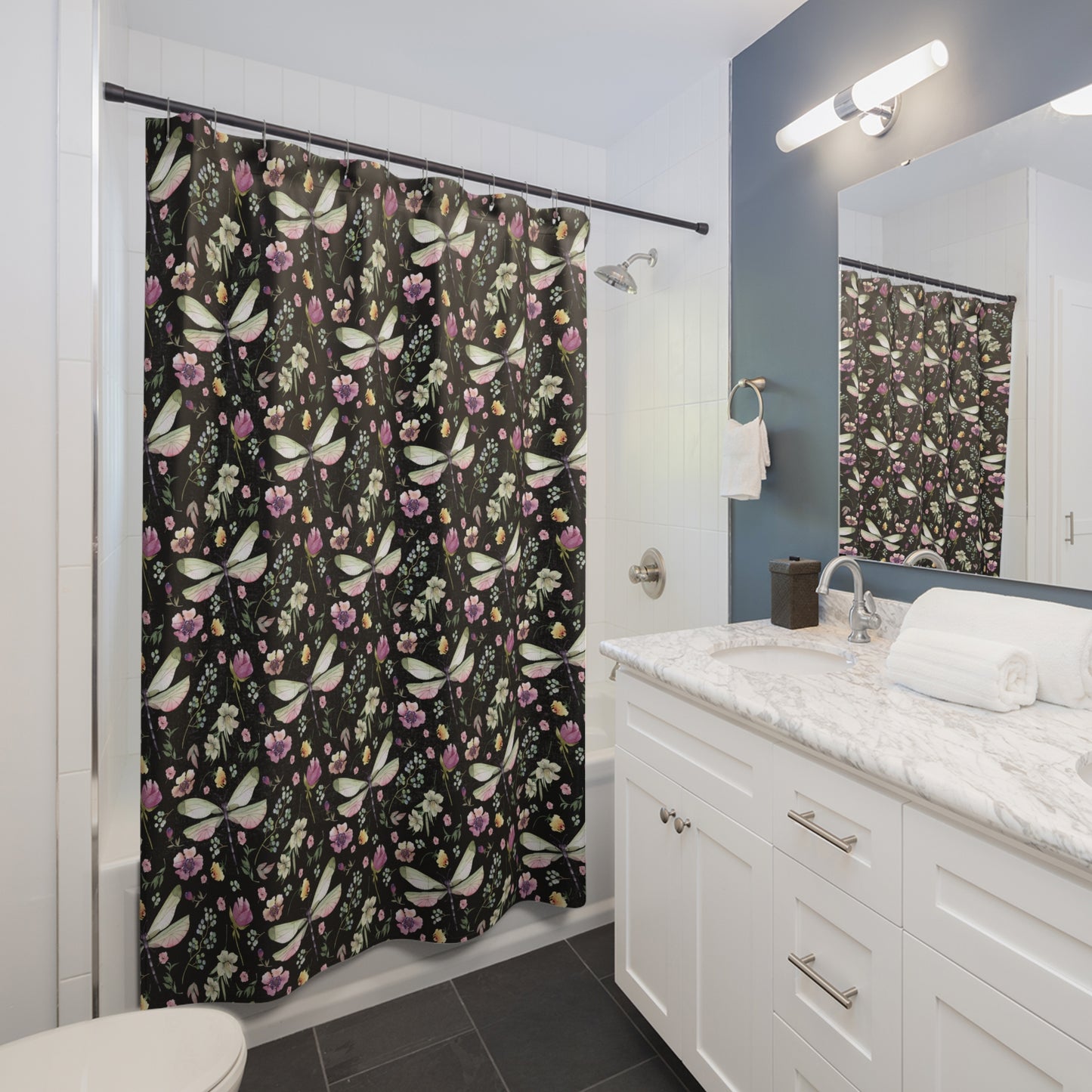 Floral Dragonfly Shower Curtain - Nature-Inspired Bathroom Decor - Black