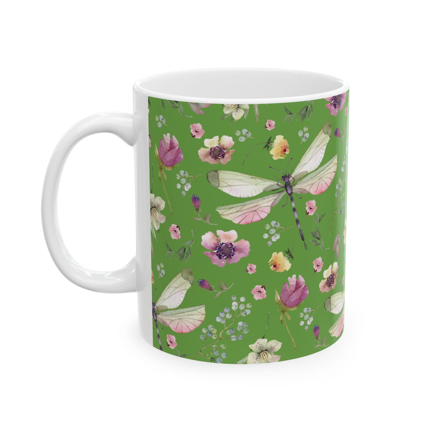 Whimsy in Bloom – Dragonflies & Floral Elegance ,Mug, Ceramic - Green