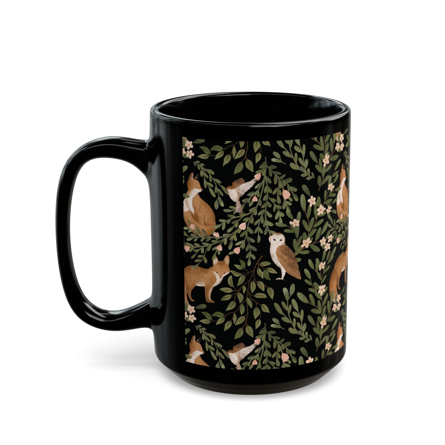 Little Fox and Owl Woodland Themed Black Mug - Perfect for Nature Lovers