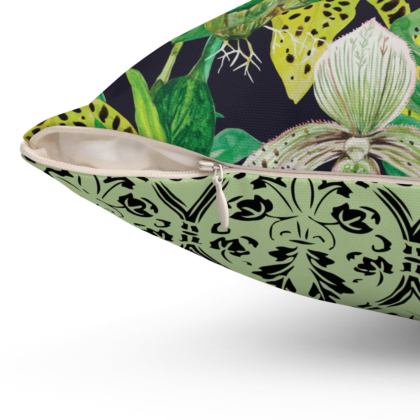 Tropical Noire Throw Pillow – Exotic Orchids & Classic Damask Reversible Design Square Pillow, Botanical Decor, Cozy Home Accessories, Gift for Plant Lovers, Modern Throw Pillows