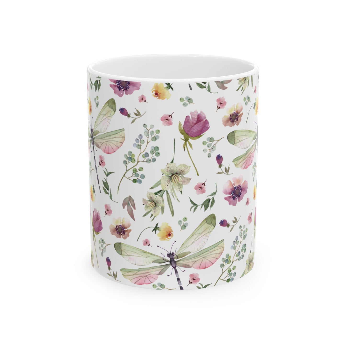 Whimsy in Bloom – Dragonflies & Floral Elegance ,Mug, Ceramic