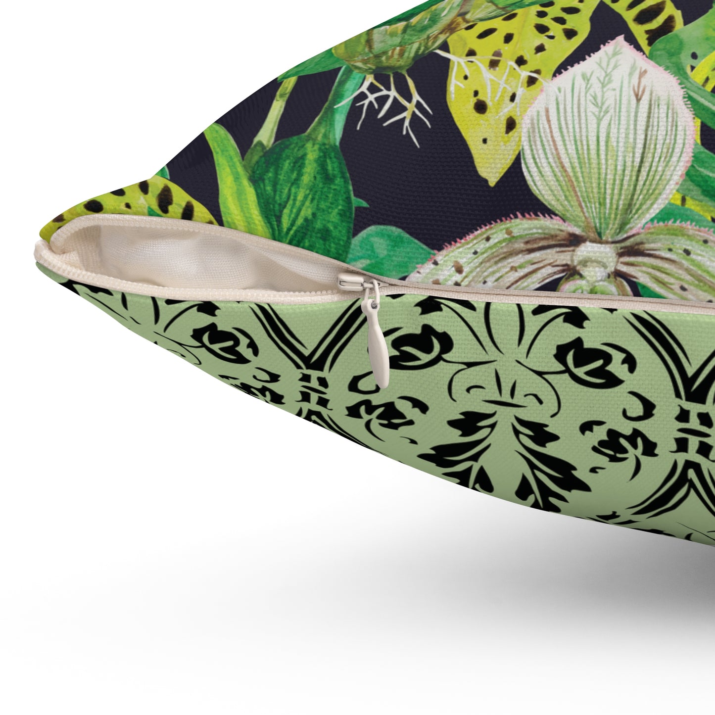 Tropical Noire Throw Pillow – Exotic Orchids & Classic Damask Reversible Design Square Pillow, Botanical Decor, Cozy Home Accessories, Gift for Plant Lovers, Modern Throw Pillows