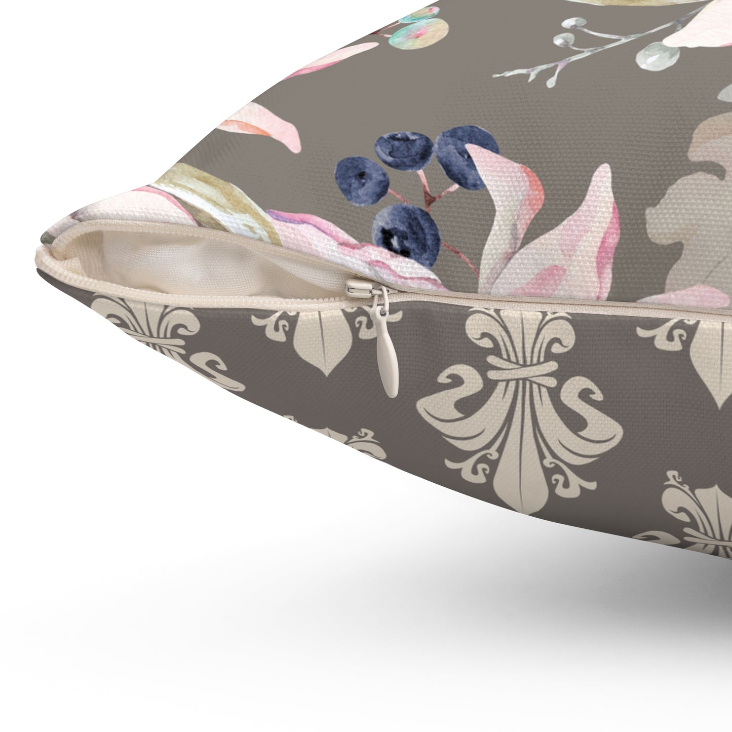 Orchid Bloom Reversible Throw Pillow – Gray & Pink with Royal Pattern Back