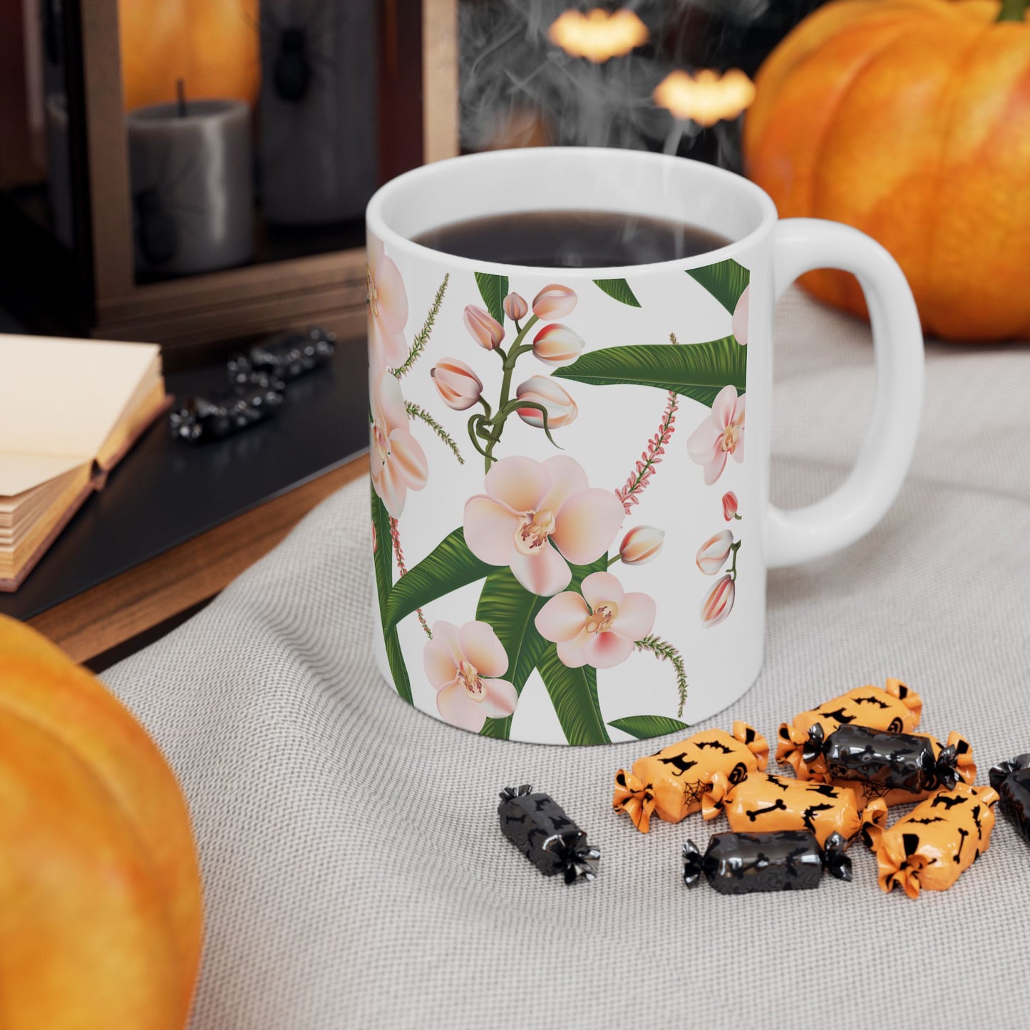 Floral Ceramic Mug, Orchid Coffee Cup, Tea Mug Gift, Botanical Drinkware, Nature Lover's Mug, Pink Flower Decor