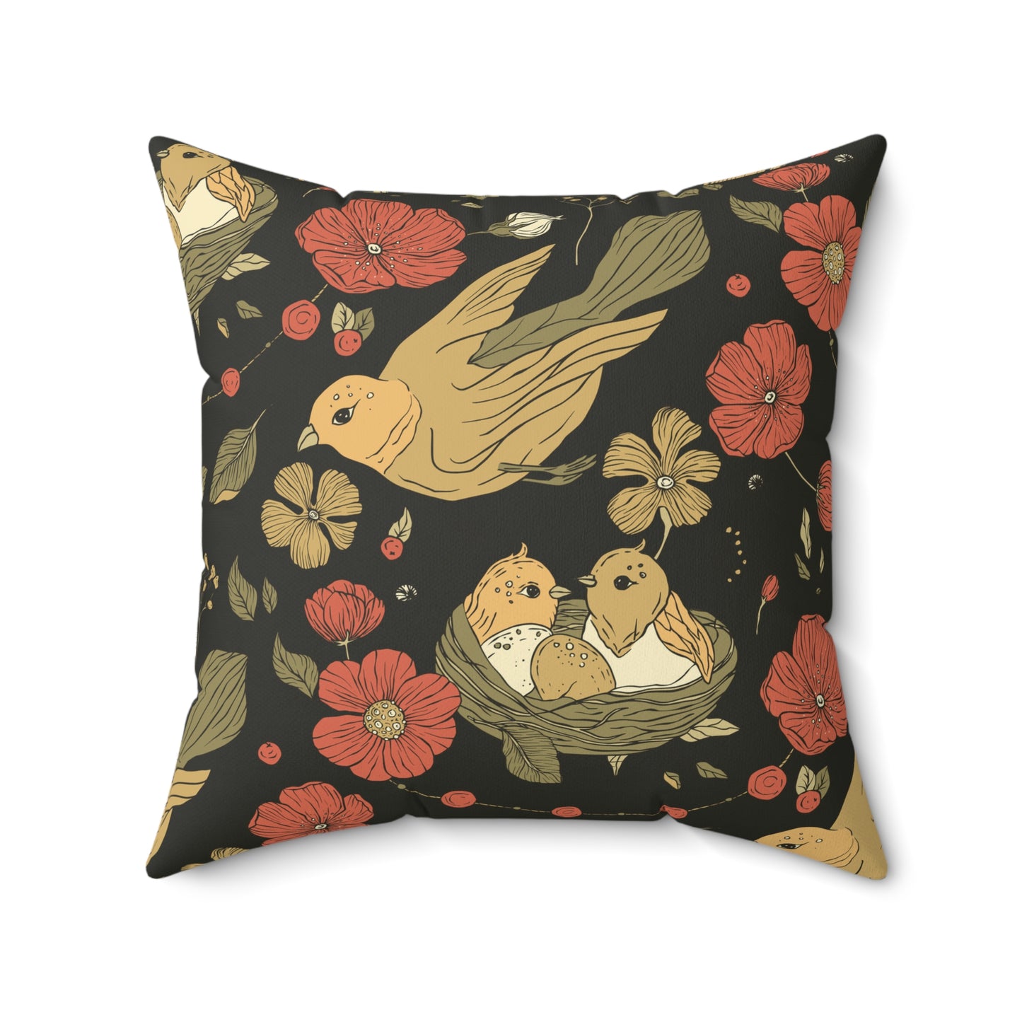 Throw Pillow Flying Sparrow with Nesting Twins Boho Floral Square Pillow, Cozy Home Decor, Gift for Friends, Couch Cushion, Nature-Inspired Accent, Living Room Comfort