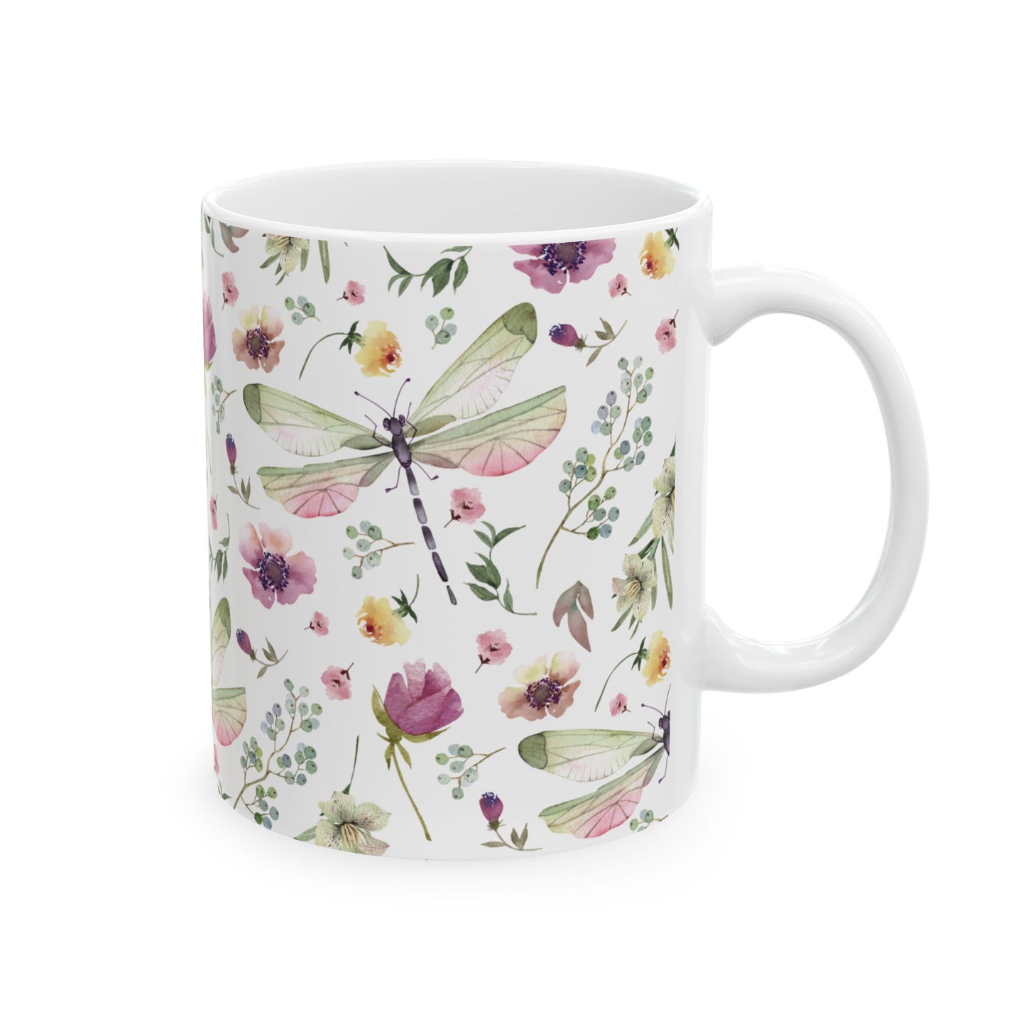 Whimsy in Bloom – Dragonflies & Floral Elegance ,Mug, Ceramic