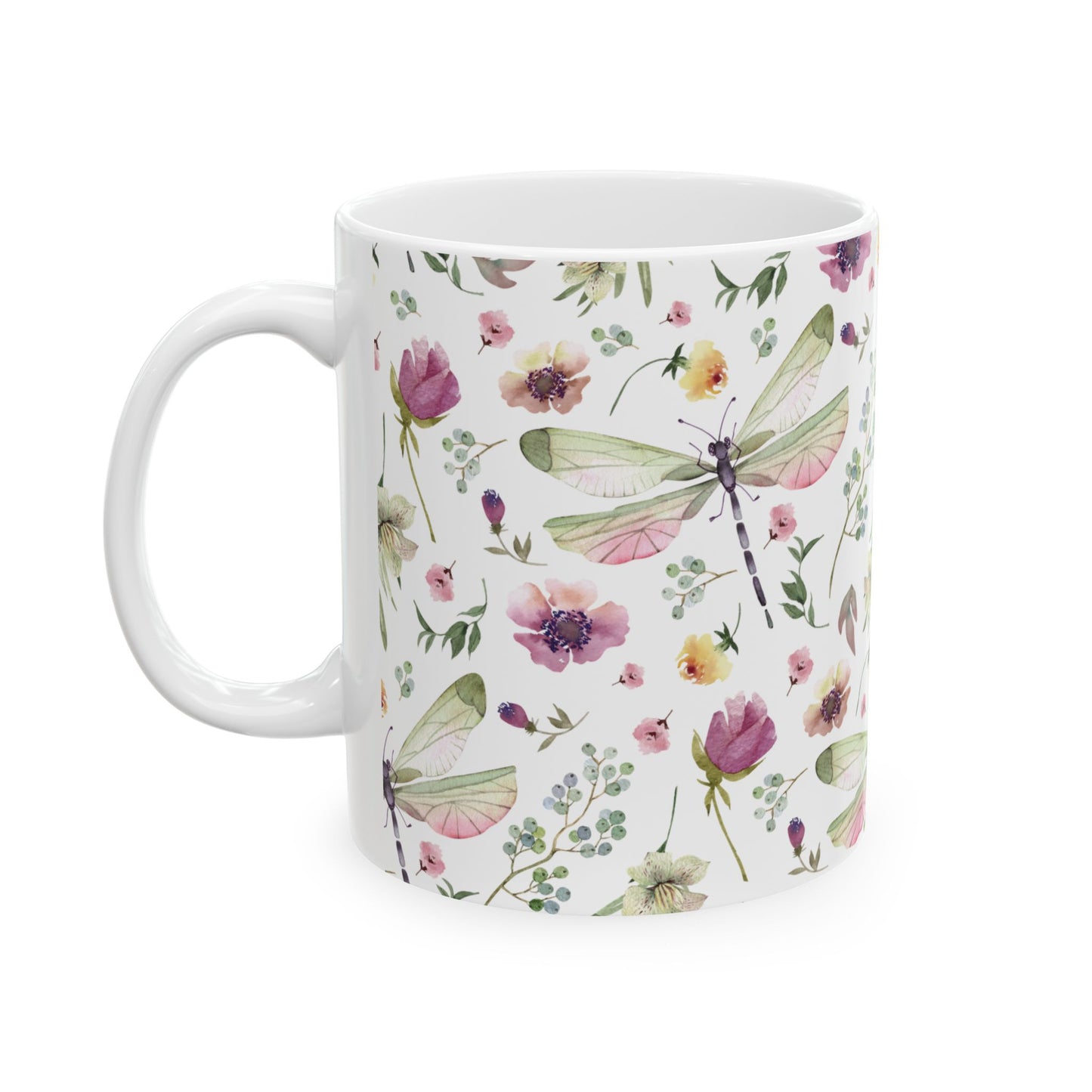 Whimsy in Bloom – Dragonflies & Floral Elegance ,Mug, Ceramic
