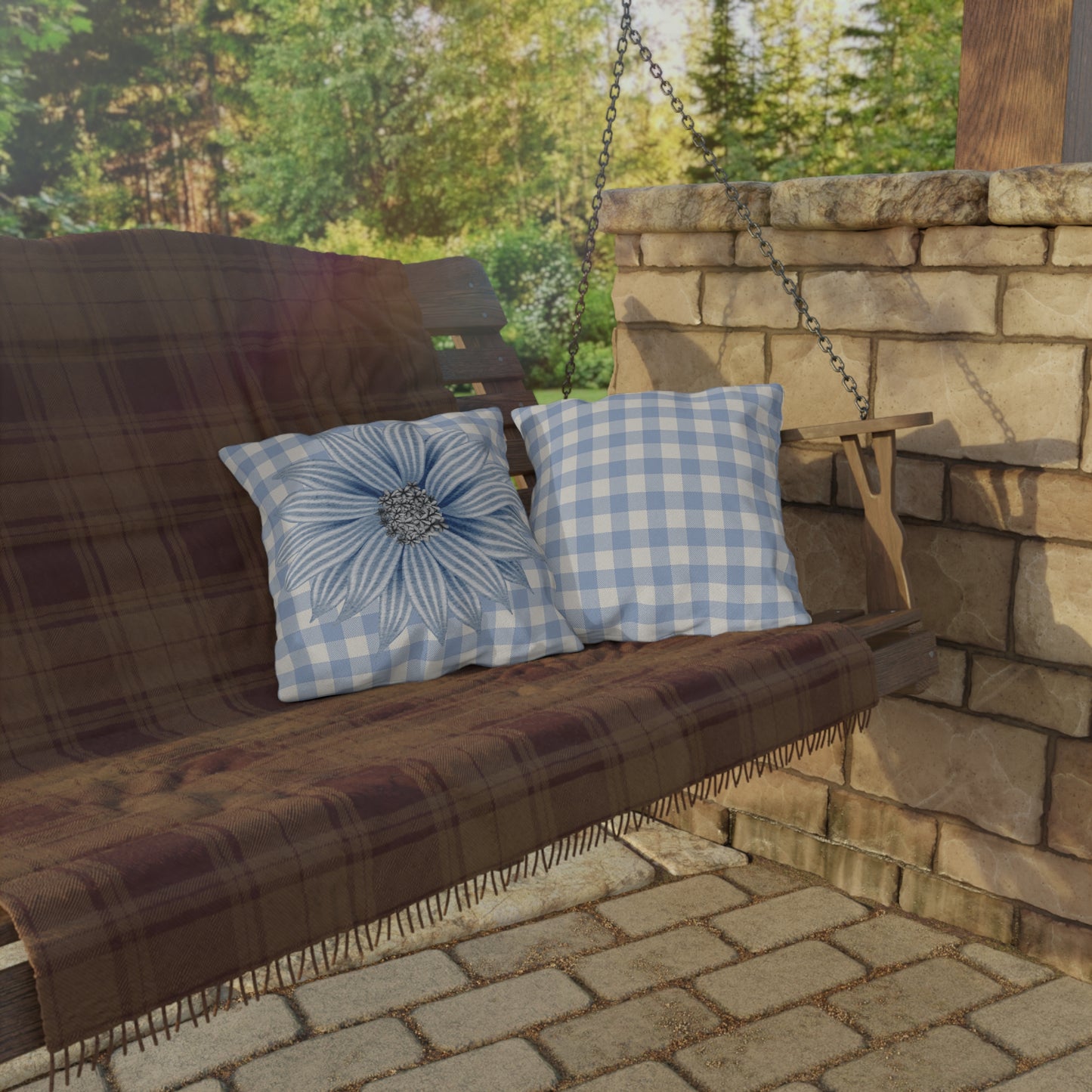 Blue Flower Checkered Outdoor Pillows - Bright & Cheerful Home Decor