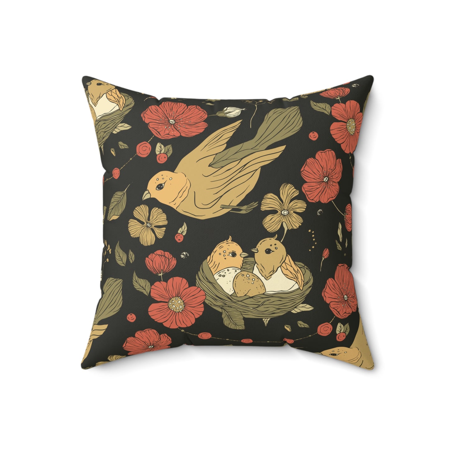 Throw Pillow Flying Sparrow with Nesting Twins Boho Floral Square Pillow, Cozy Home Decor, Gift for Friends, Couch Cushion, Nature-Inspired Accent, Living Room Comfort