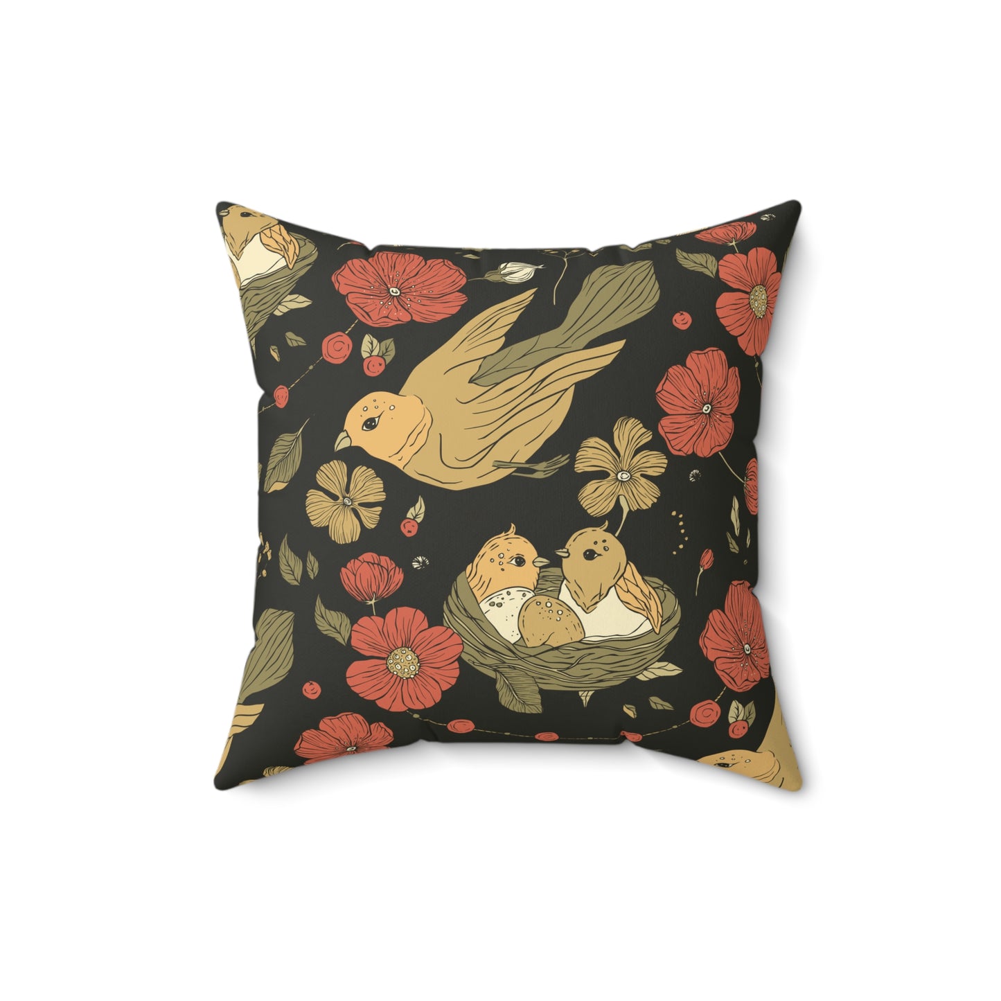 Throw Pillow Flying Sparrow with Nesting Twins Boho Floral Square Pillow, Cozy Home Decor, Gift for Friends, Couch Cushion, Nature-Inspired Accent, Living Room Comfort