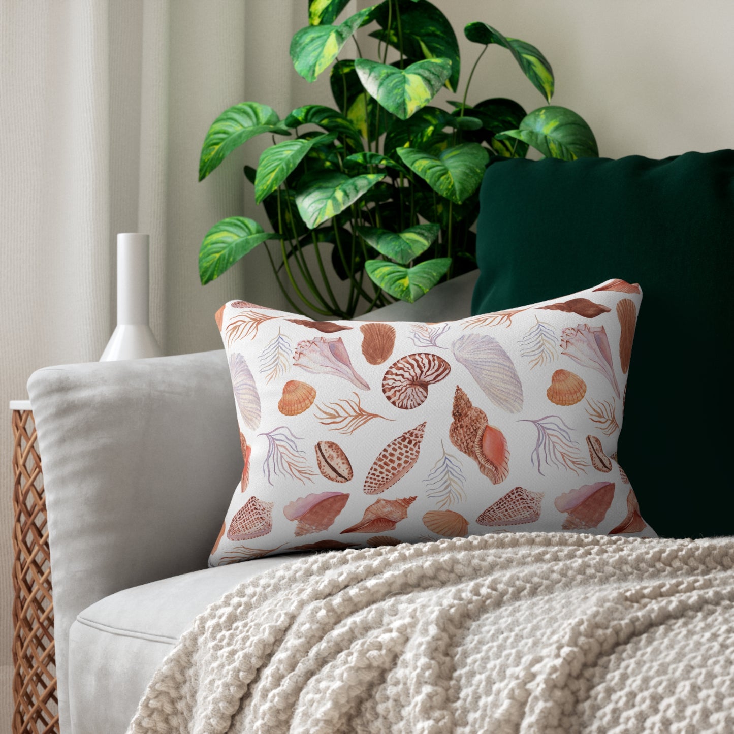 Coastal Charm Seashell Lumbar Pillow, Ocean Decor, Beach House Accent, Nautical Home Decor, Shell Print Cushion, Summer Vibes Pillow