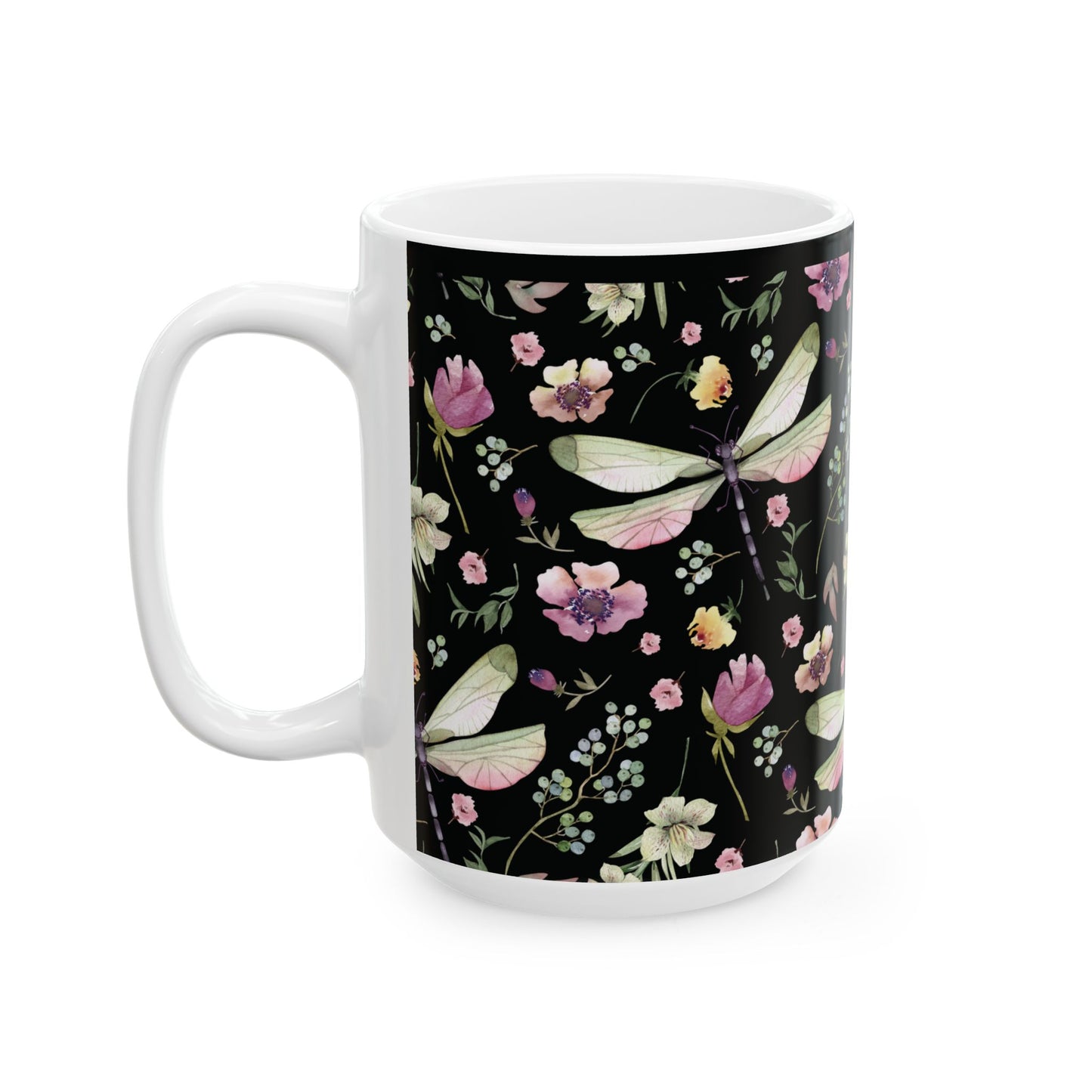 Whimsy in Bloom – Dragonflies & Floral Elegance ,Mug, Ceramic