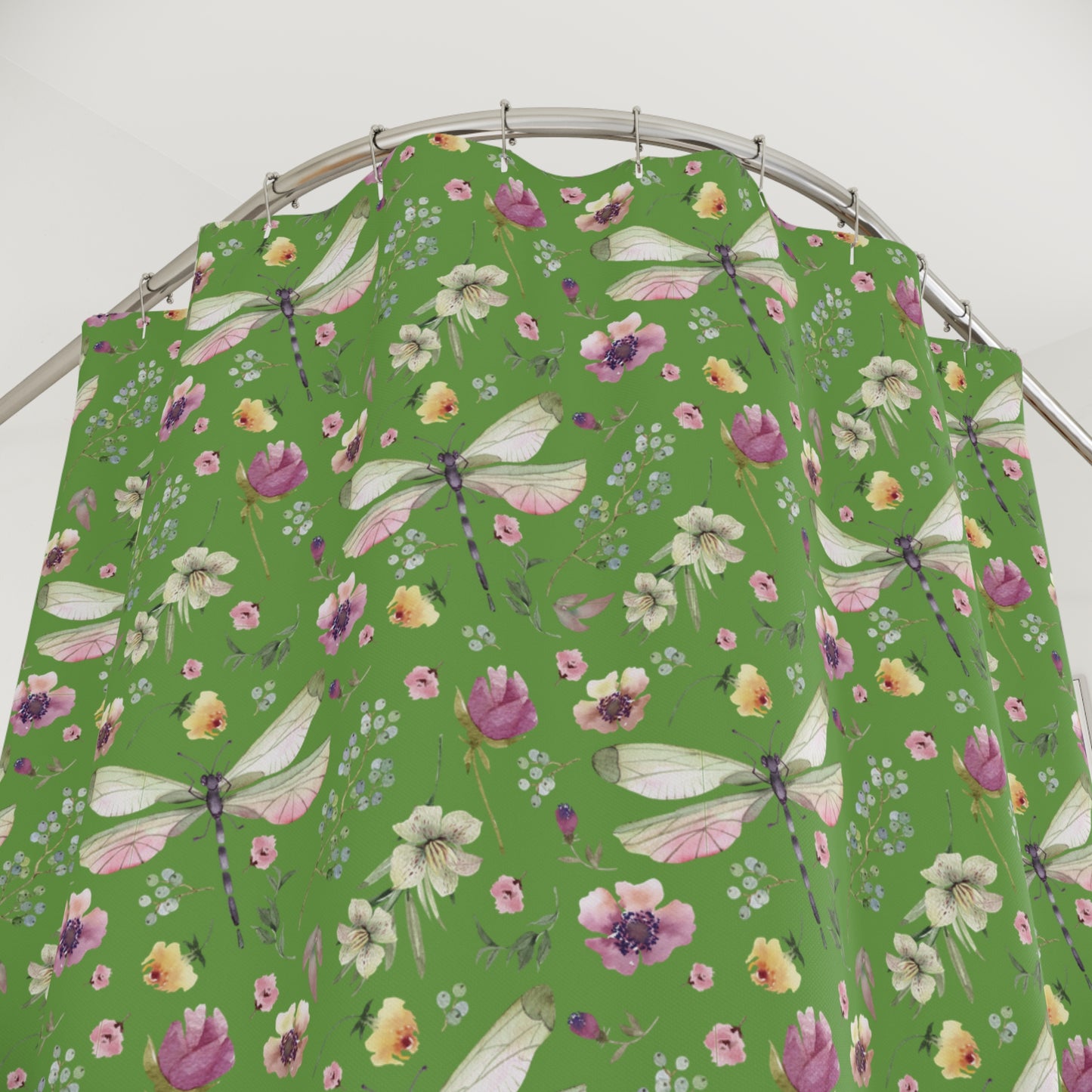Floral Dragonfly Shower Curtain - Nature-Inspired Bathroom Decor - Thyme Green