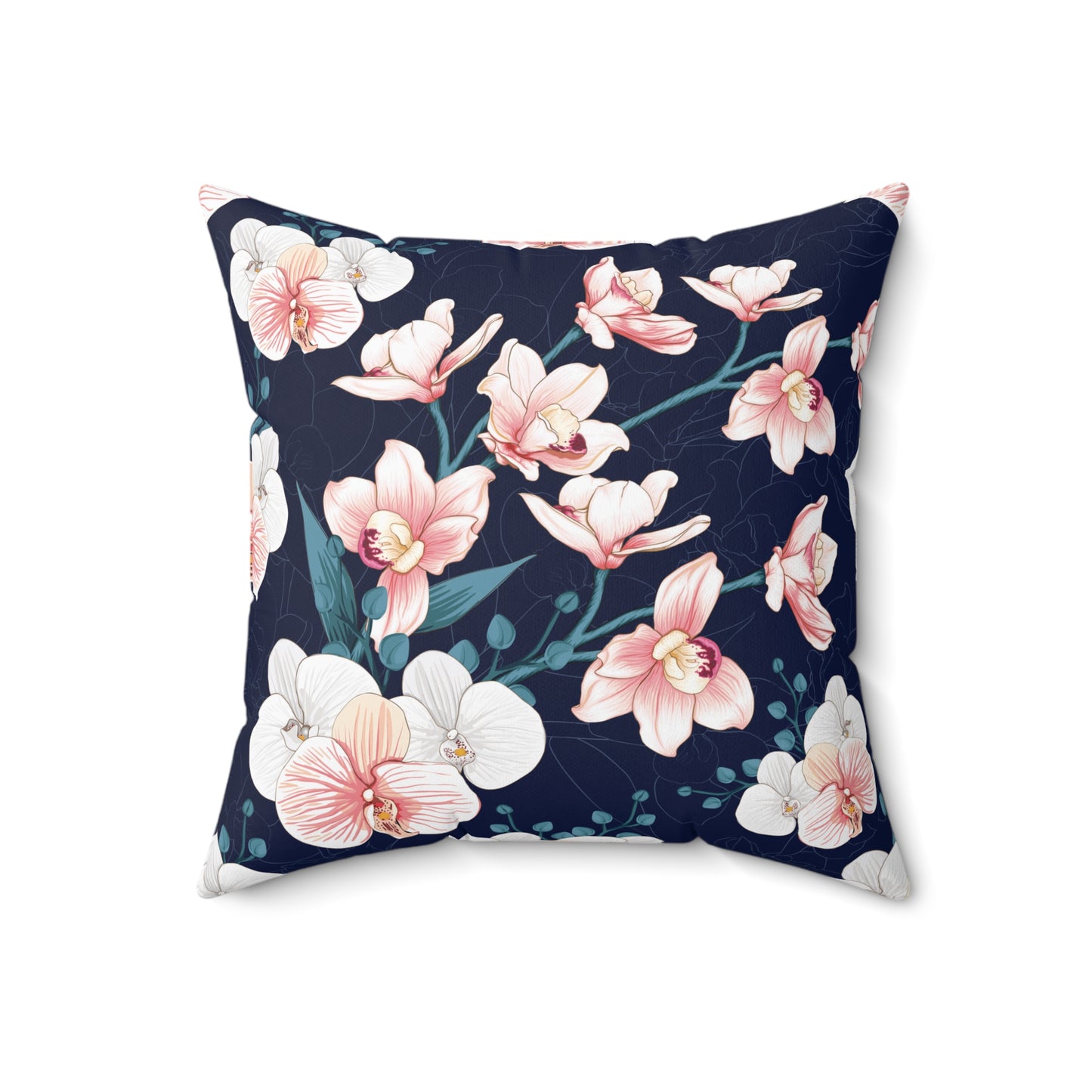 Square Accent Throw Pillow - Peachy White and Pink Orchid Blossoms on Indigo Background