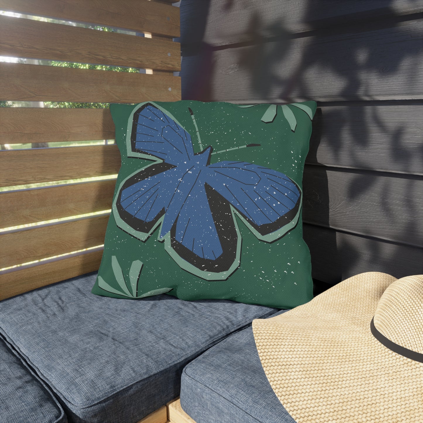 Outdoor Pillow - Blue Butterfly Rustic Matisse Inspired Back Design