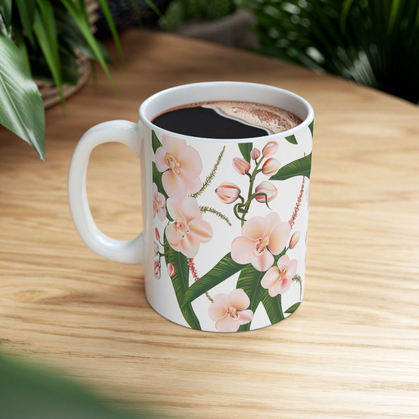Floral Ceramic Mug, Orchid Coffee Cup, Tea Mug Gift, Botanical Drinkware, Nature Lover's Mug, Pink Flower Decor