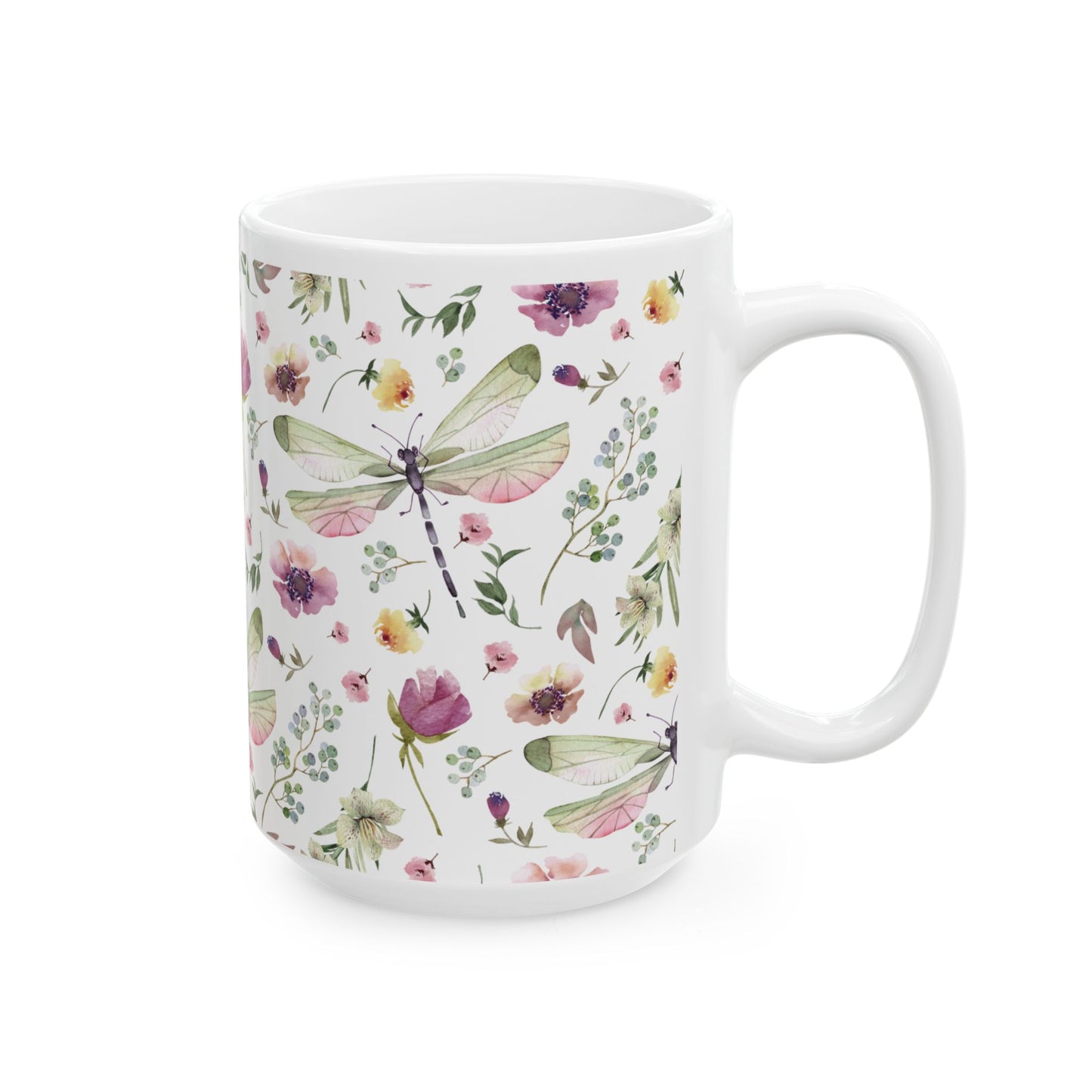 Whimsy in Bloom – Dragonflies & Floral Elegance ,Mug, Ceramic