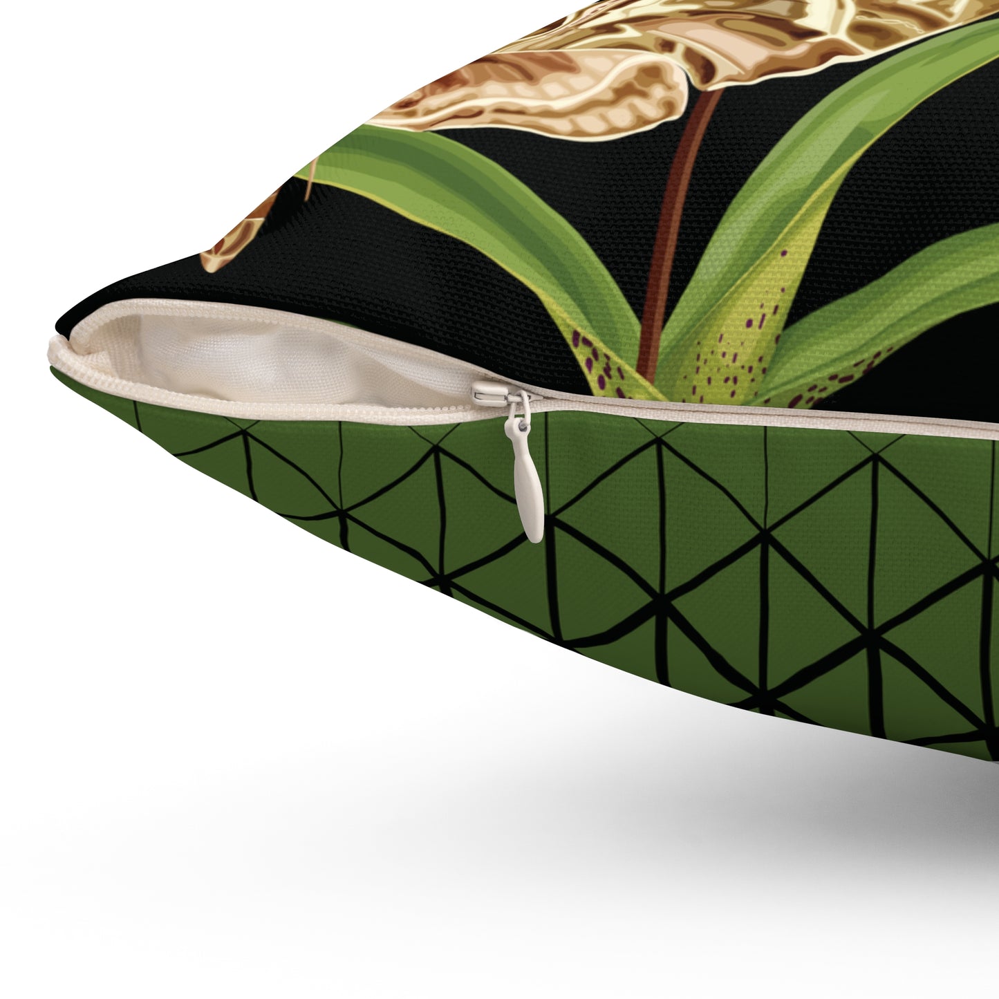 Venus Slipper Orchid Botanical & Geometric Square Accent Throw Pillow | Decorative Cushion, Home Decor, Gift Idea, Nature Theme, Modern Design