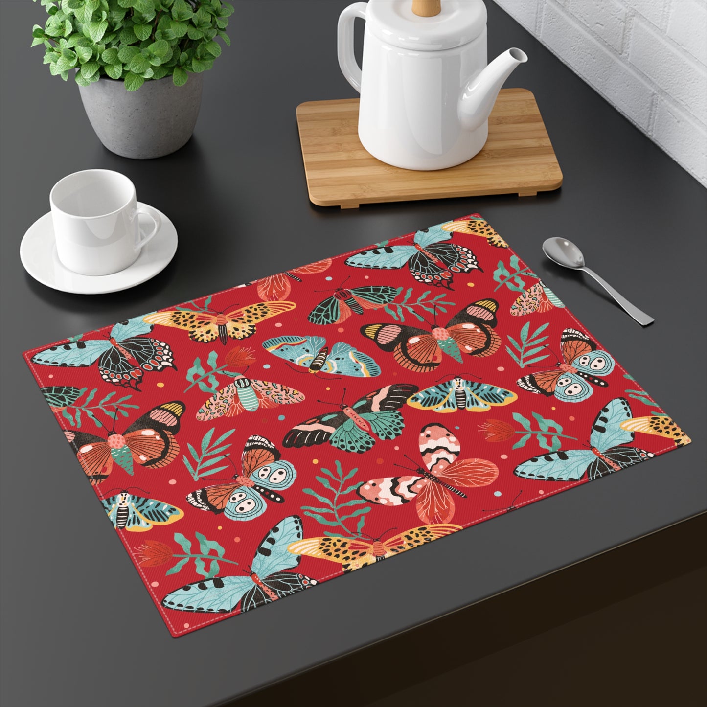 Butterfly Breeze Placemat - Turquoise and Earthy Red Butterfly Design - Deep Red