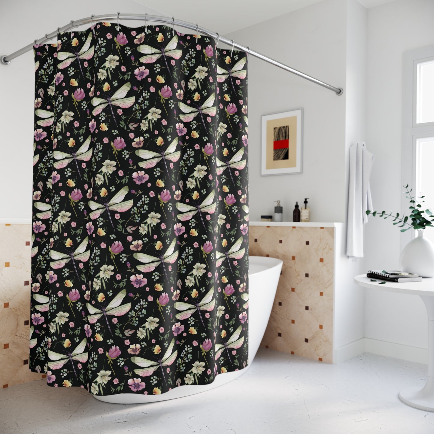 Floral Dragonfly Shower Curtain - Nature-Inspired Bathroom Decor - Black