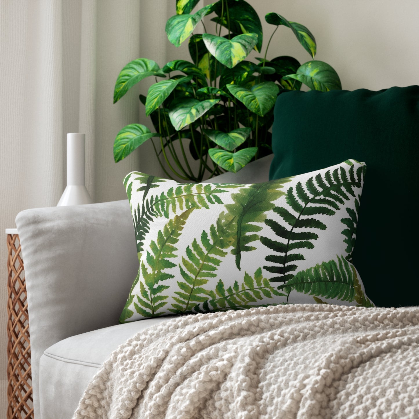 Lush Botanical Fern Watercolor Lumbar Pillow, Home Decor, Greenery Cushion, Cozy Living Room Essentials, Botanical Print Throw Pillows