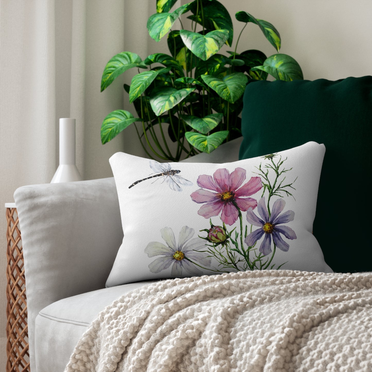 Floral and Meadow Dragonfly Lumbar Pillow - Nature-Inspired Home Decor, Cozy Sofa Cushion, Gift for Plant Lovers, Spring Decoration, Botanical Pillow