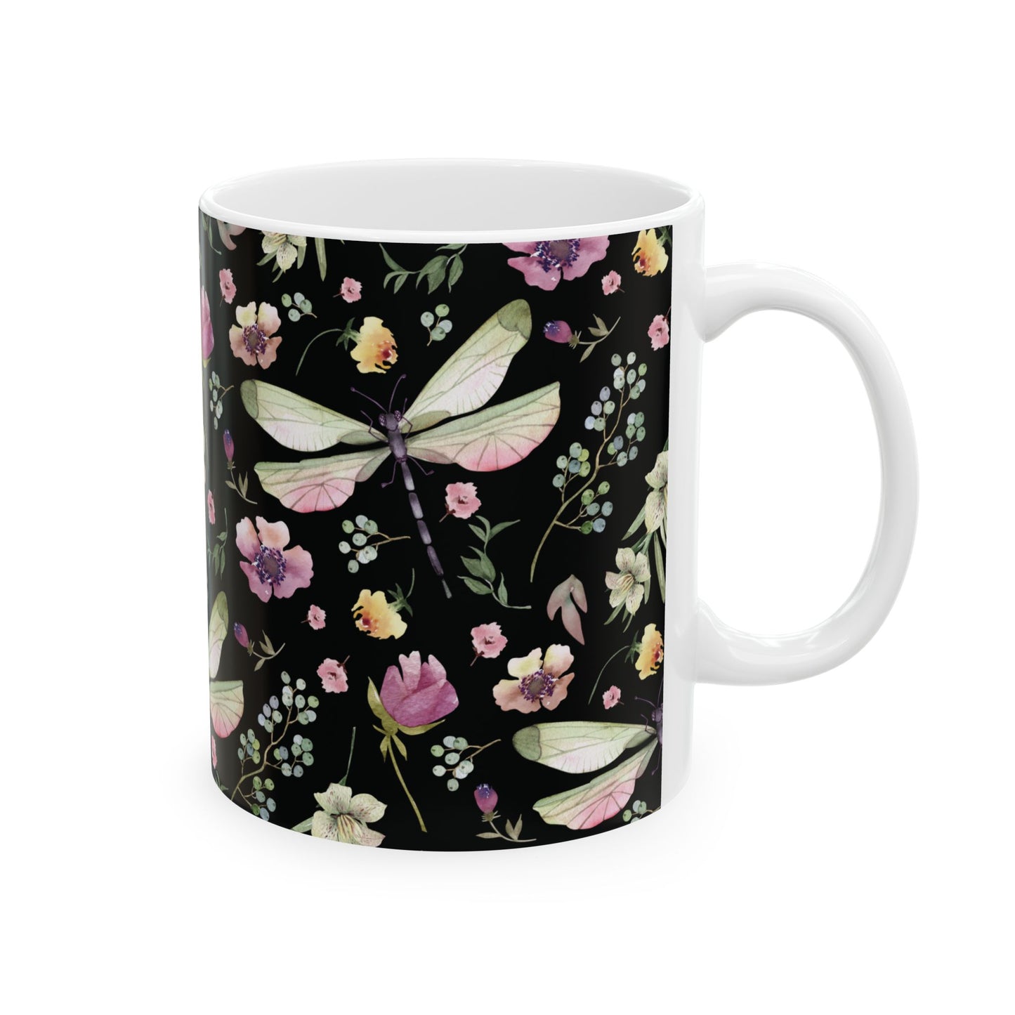 Whimsy in Bloom – Dragonflies & Floral Elegance ,Mug, Ceramic - Black