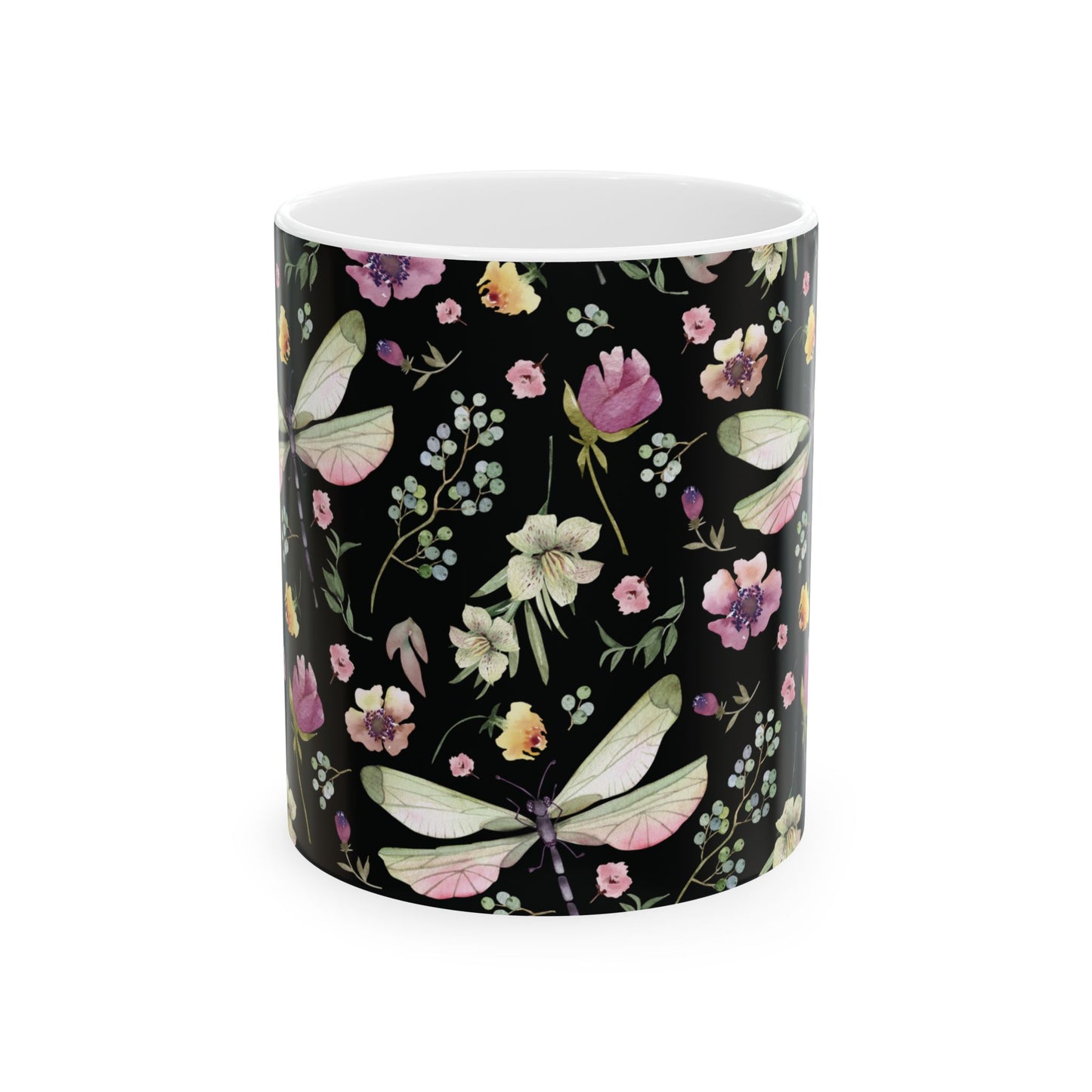 Whimsy in Bloom – Dragonflies & Floral Elegance ,Mug, Ceramic - Black