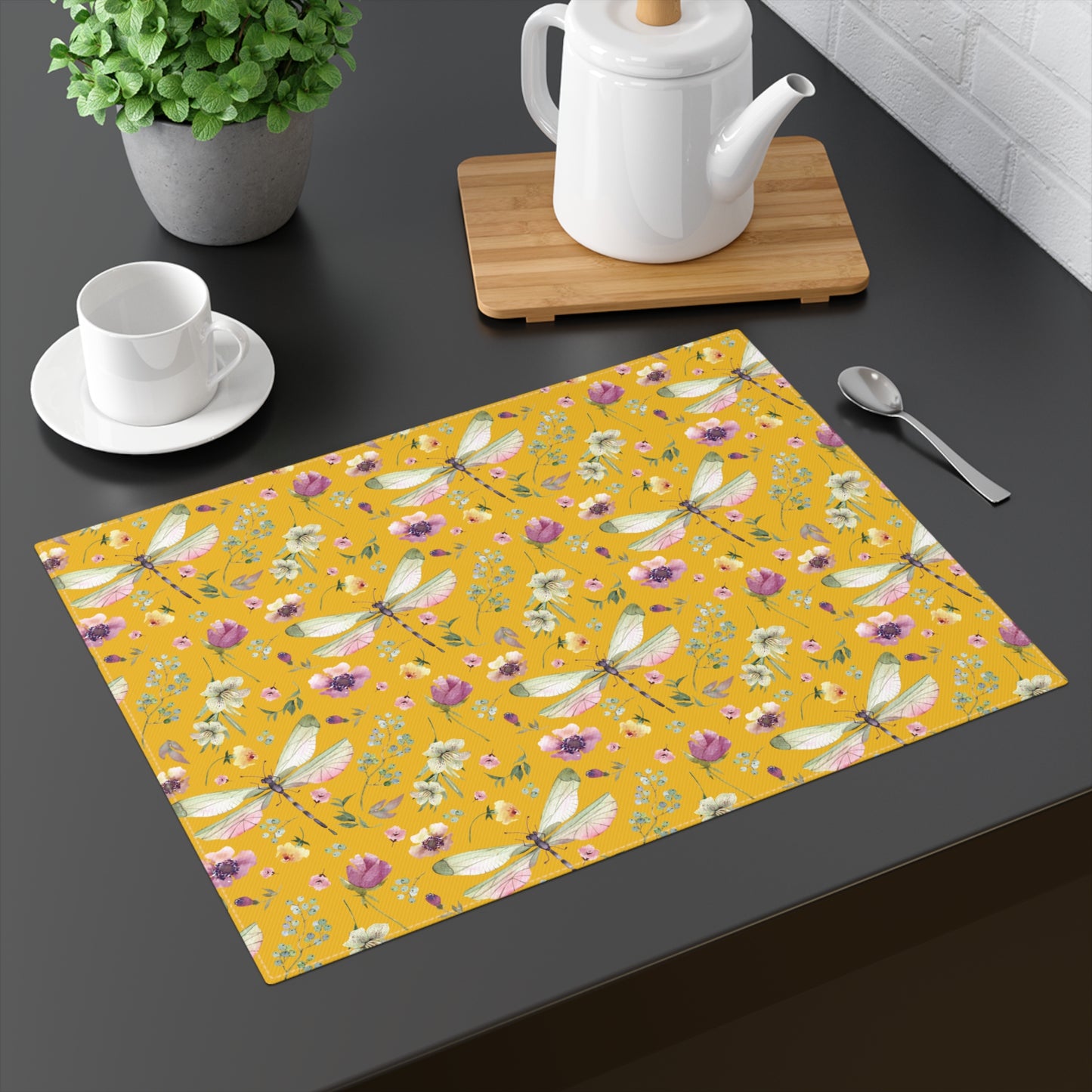 Placemat - Whimsy in Bloom Dragonflies & Floral Elegance Design - Yellow