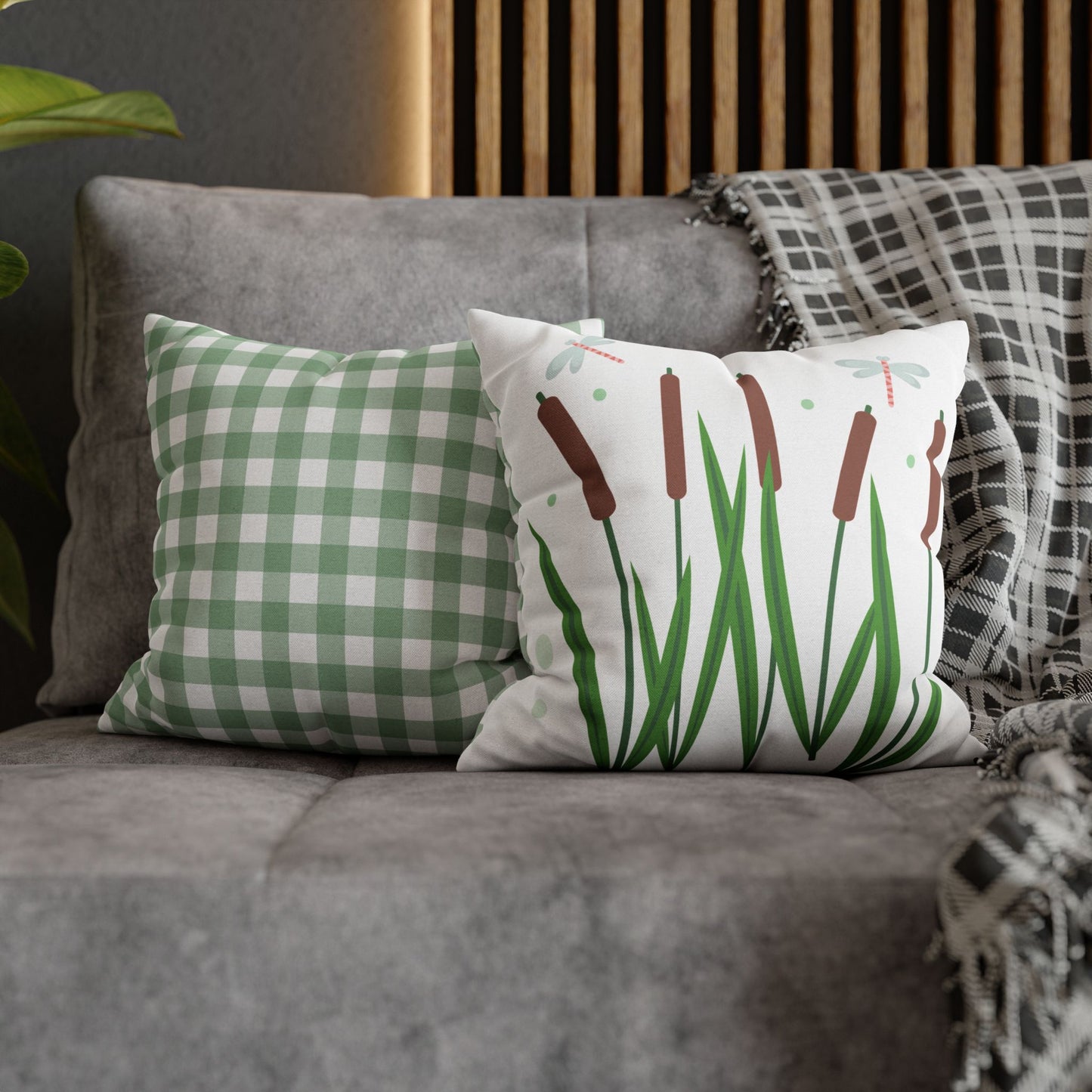 Nature-Inspired Dragonflies and Cattails Square Pillowcase, Cozy Decorative Cushion Cover for Home, Botanical Decor, Gift for Nature Lovers, Stylish Throw Pillow